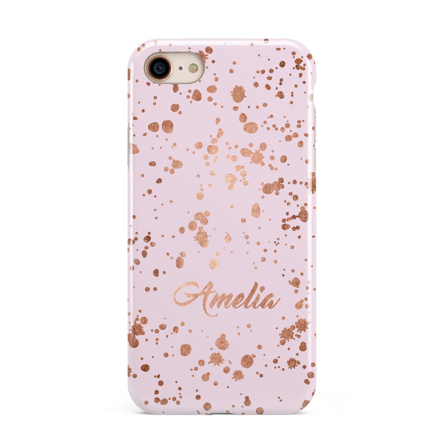 Personalised Pink Copper Splats Name iPhone 8 3D Tough Case on Gold Phone