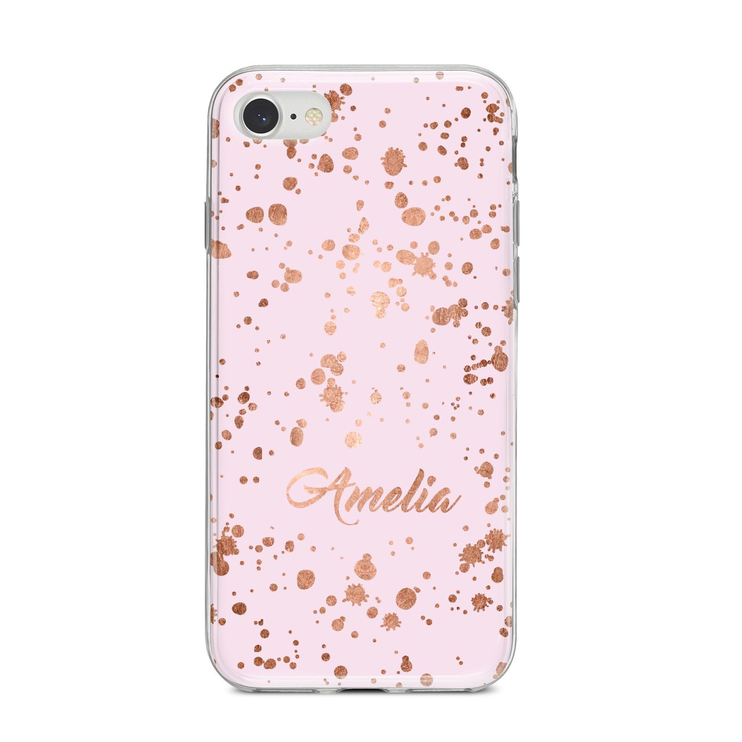 Personalised Pink Copper Splats Name iPhone 8 Bumper Case on Silver iPhone