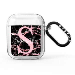 Personalised Pink Cracked Marble Glitter Initial AirPods Case