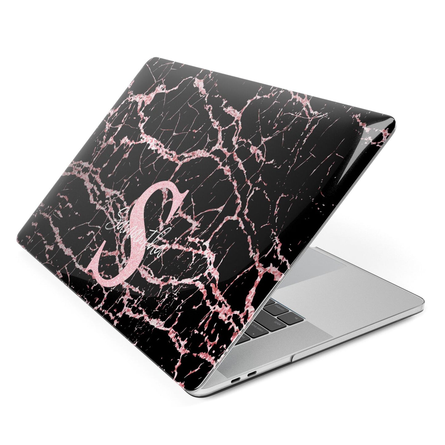 Personalised Pink Cracked Marble Glitter Initial Apple MacBook Case Side View