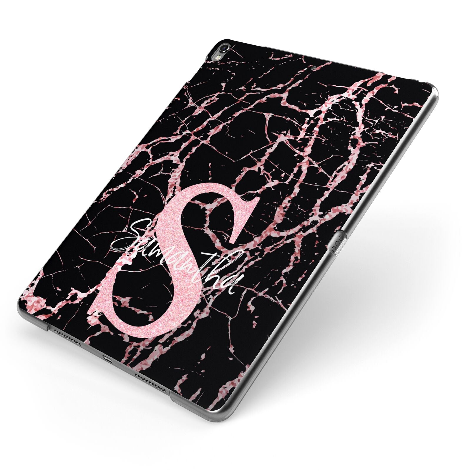 Personalised Pink Cracked Marble Glitter Initial Apple iPad Case on Grey iPad Side View