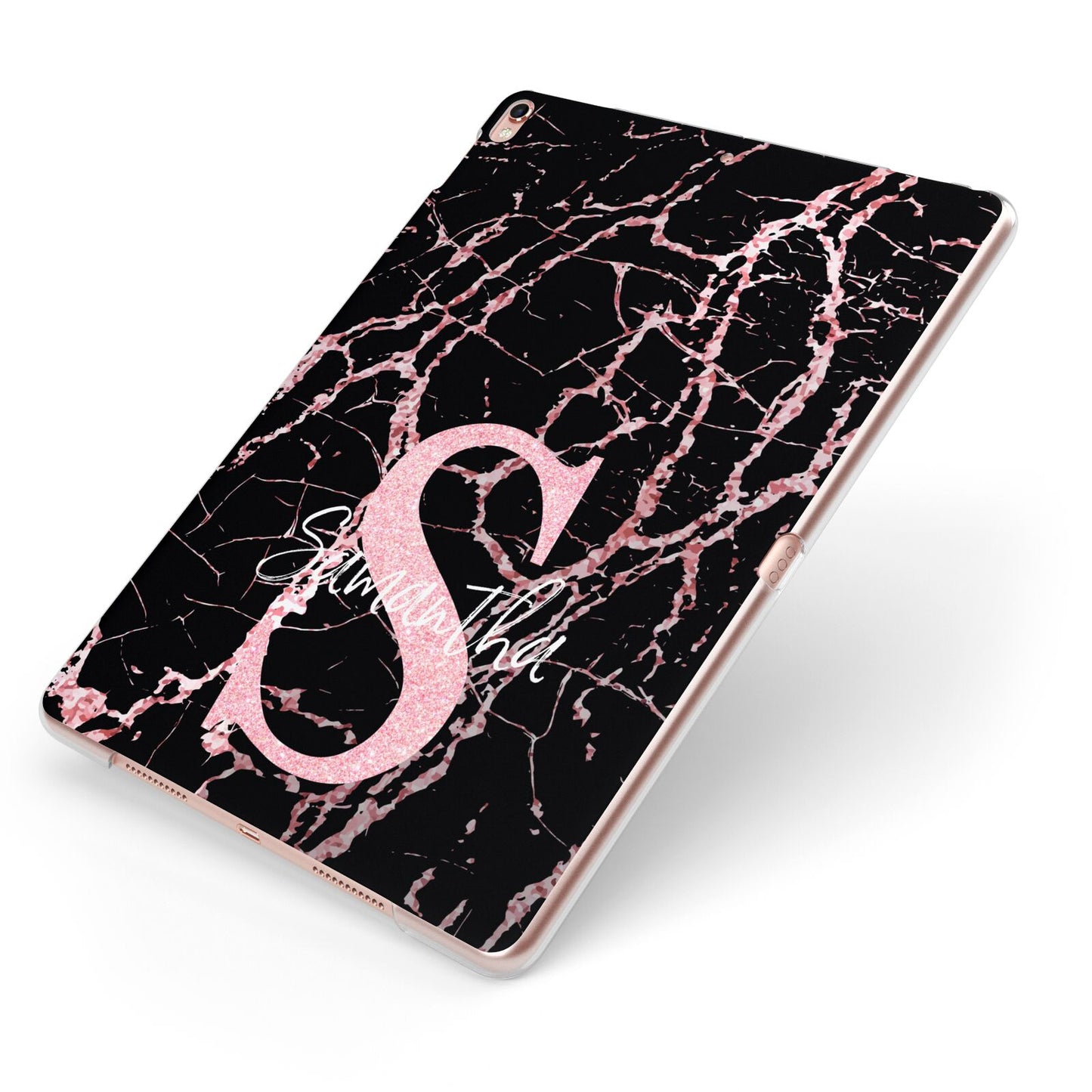 Personalised Pink Cracked Marble Glitter Initial Apple iPad Case on Rose Gold iPad Side View