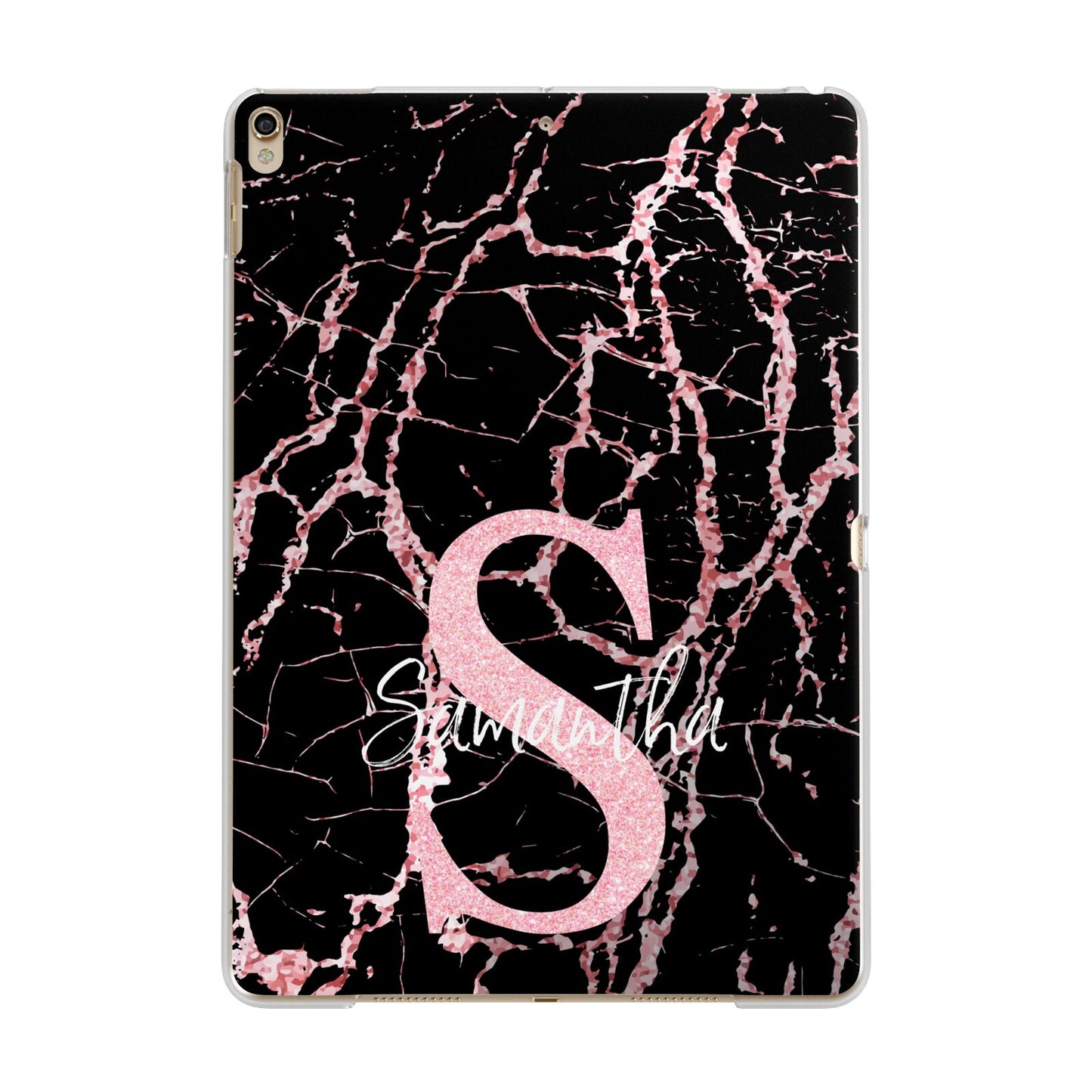 Personalised Pink Cracked Marble Glitter Initial Apple iPad Gold Case