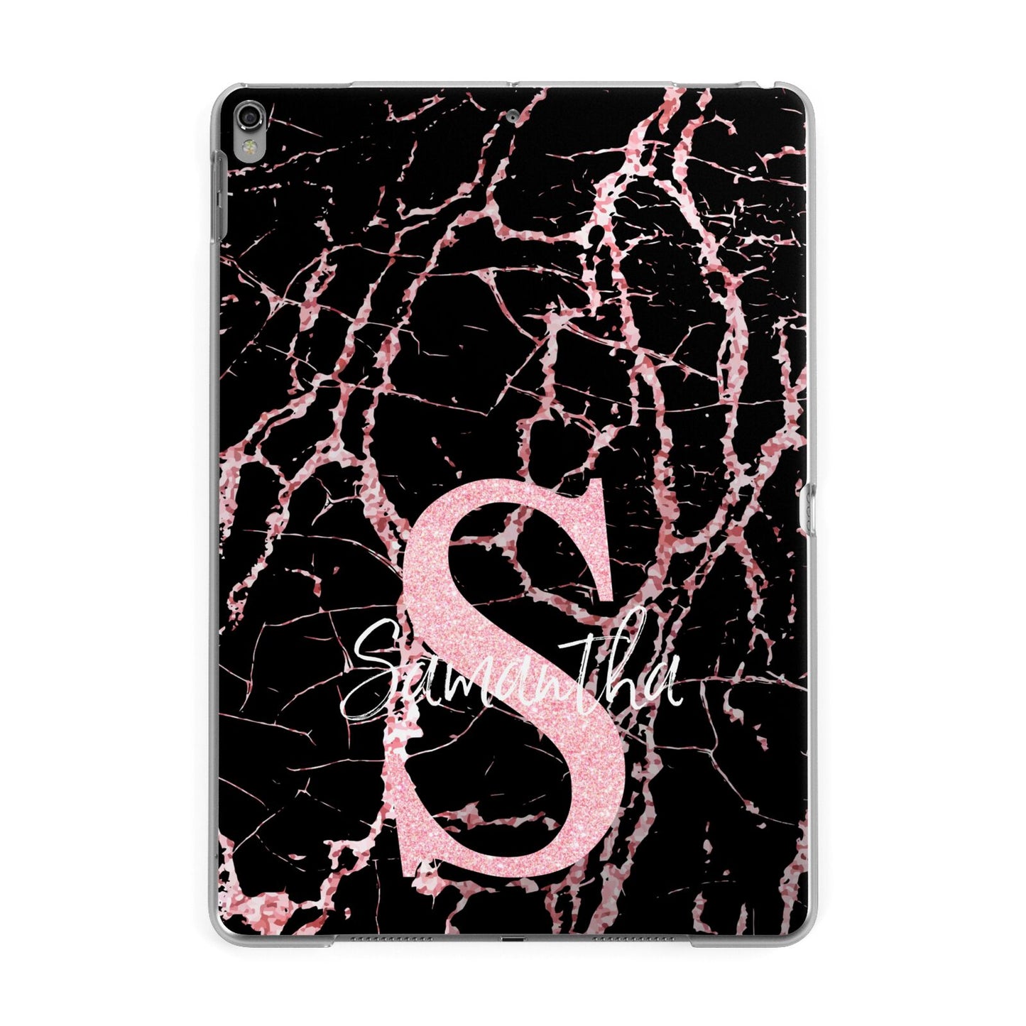Personalised Pink Cracked Marble Glitter Initial Apple iPad Grey Case