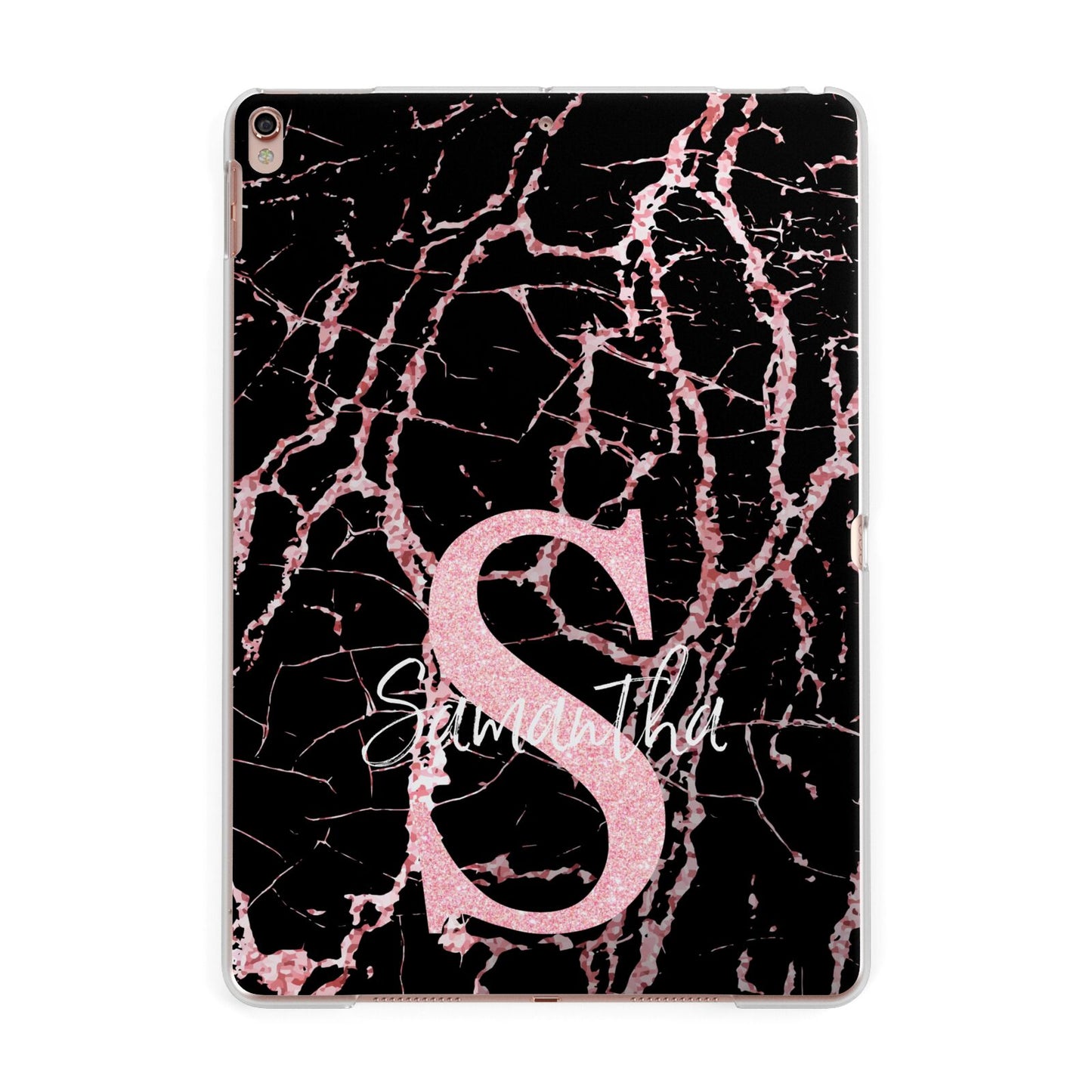 Personalised Pink Cracked Marble Glitter Initial Apple iPad Rose Gold Case