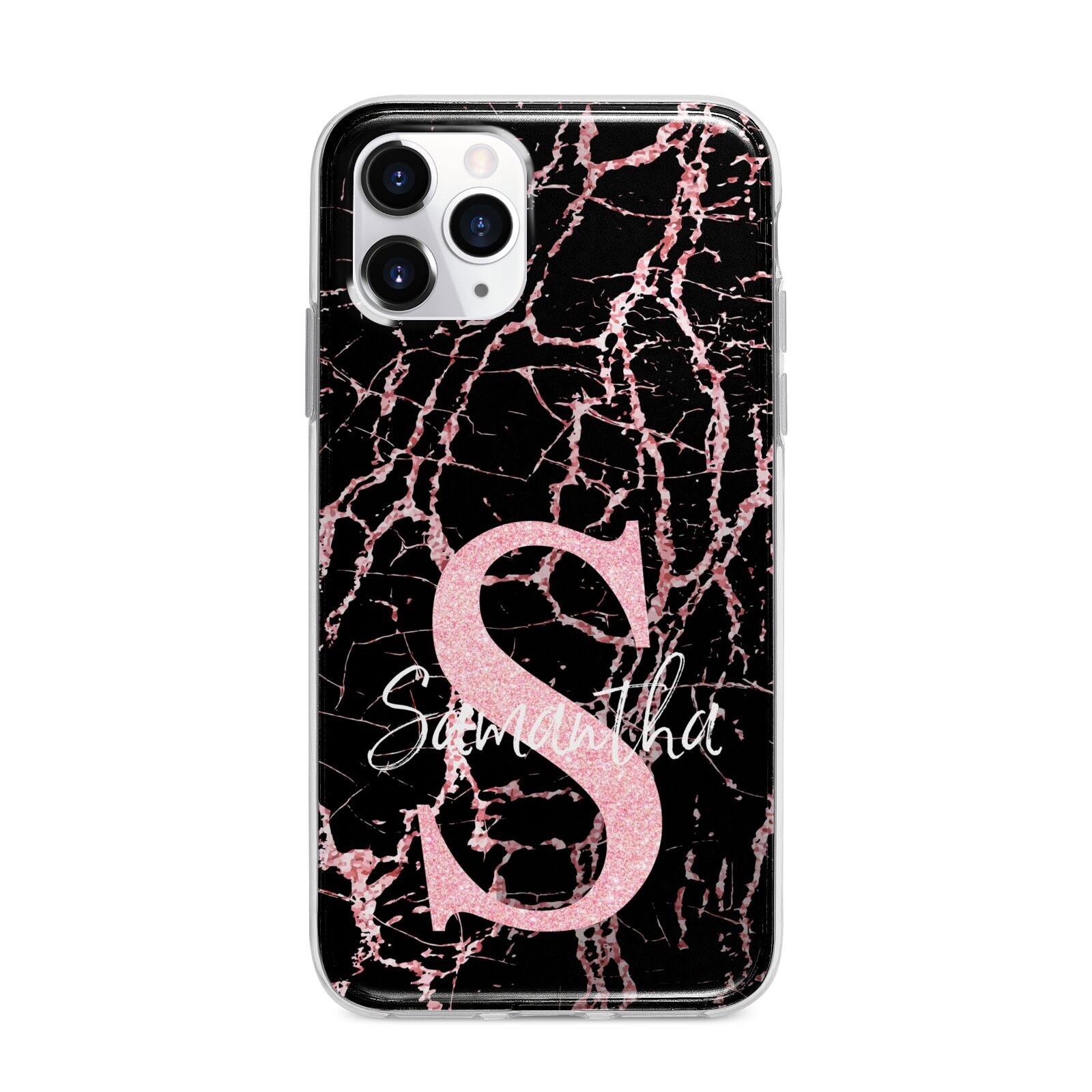 Personalised Pink Cracked Marble Glitter Initial Apple iPhone 11 Pro Max in Silver with Bumper Case