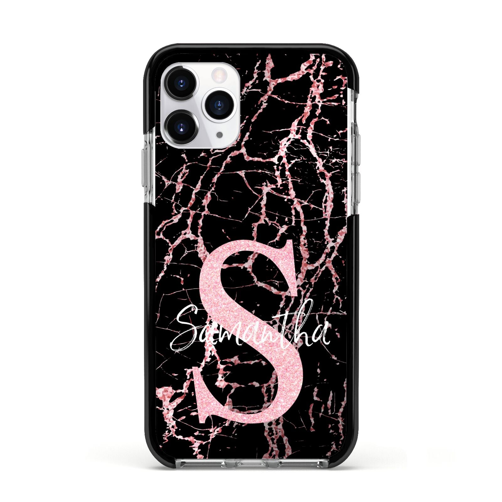 Personalised Pink Cracked Marble Glitter Initial Apple iPhone 11 Pro in Silver with Black Impact Case