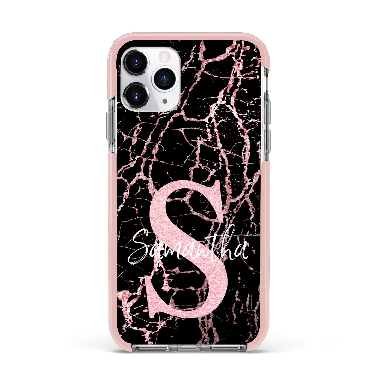 Personalised Pink Cracked Marble Glitter Initial Apple iPhone 11 Pro in Silver with Pink Impact Case