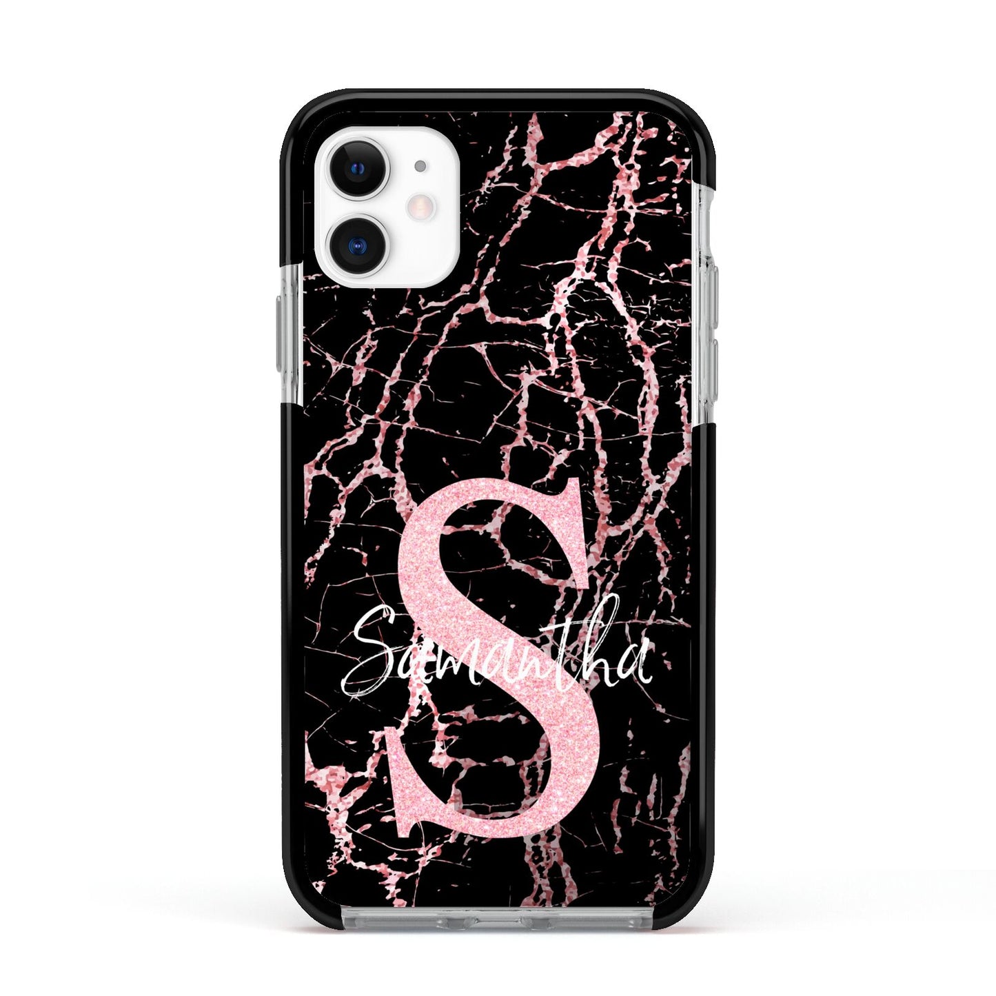 Personalised Pink Cracked Marble Glitter Initial Apple iPhone 11 in White with Black Impact Case