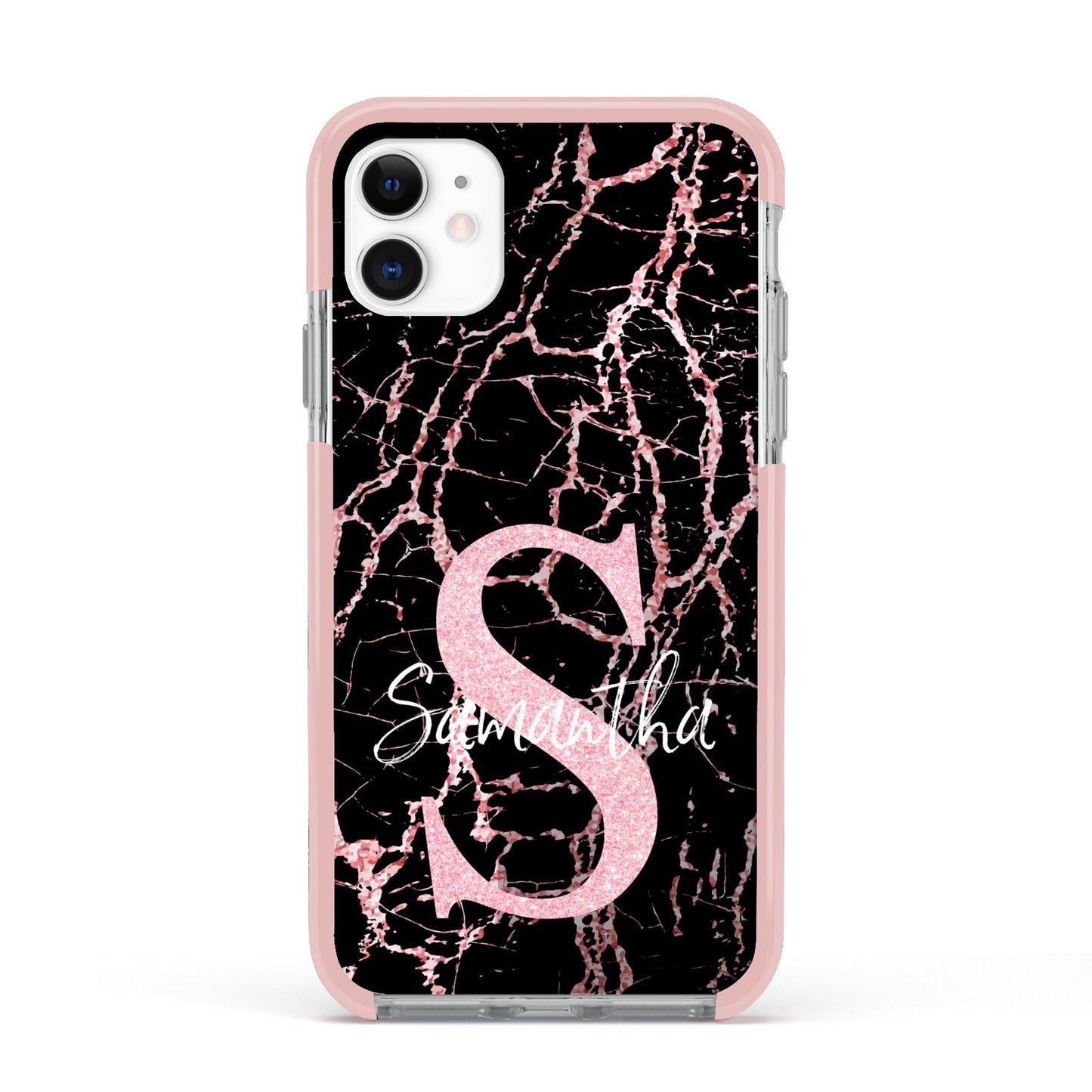 Personalised Pink Cracked Marble Glitter Initial Apple iPhone 11 in White with Pink Impact Case