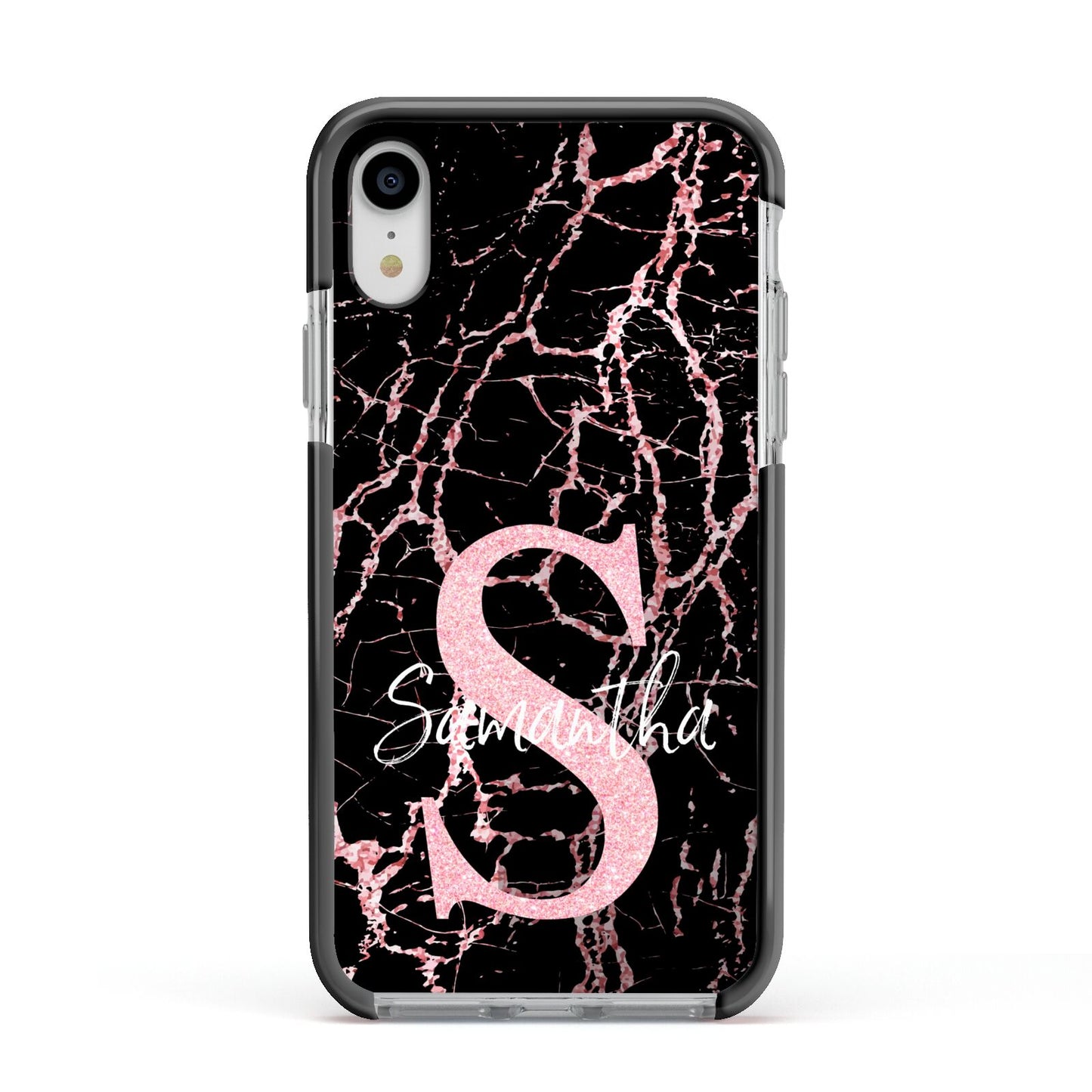 Personalised Pink Cracked Marble Glitter Initial Apple iPhone XR Impact Case Black Edge on Silver Phone