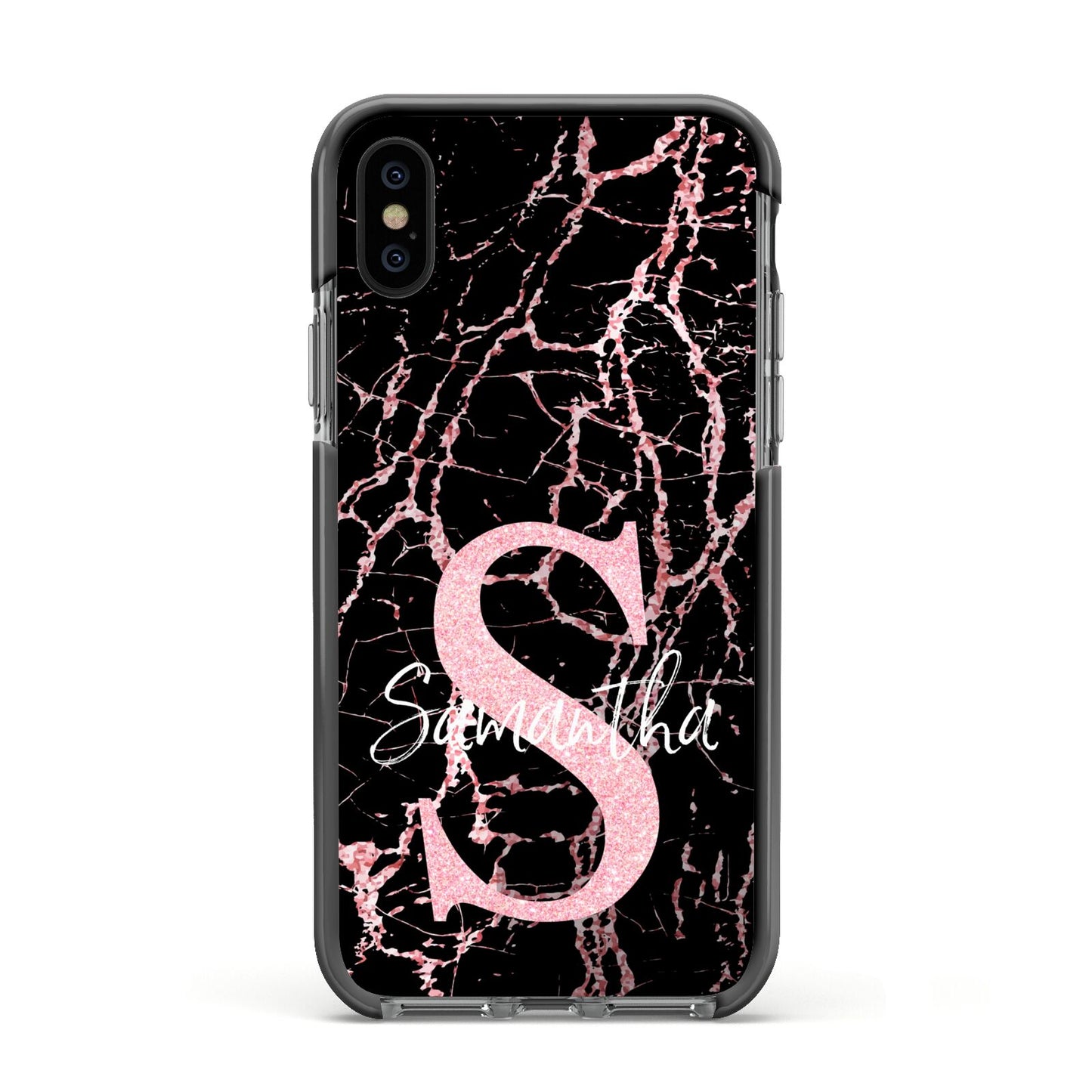 Personalised Pink Cracked Marble Glitter Initial Apple iPhone Xs Impact Case Black Edge on Black Phone