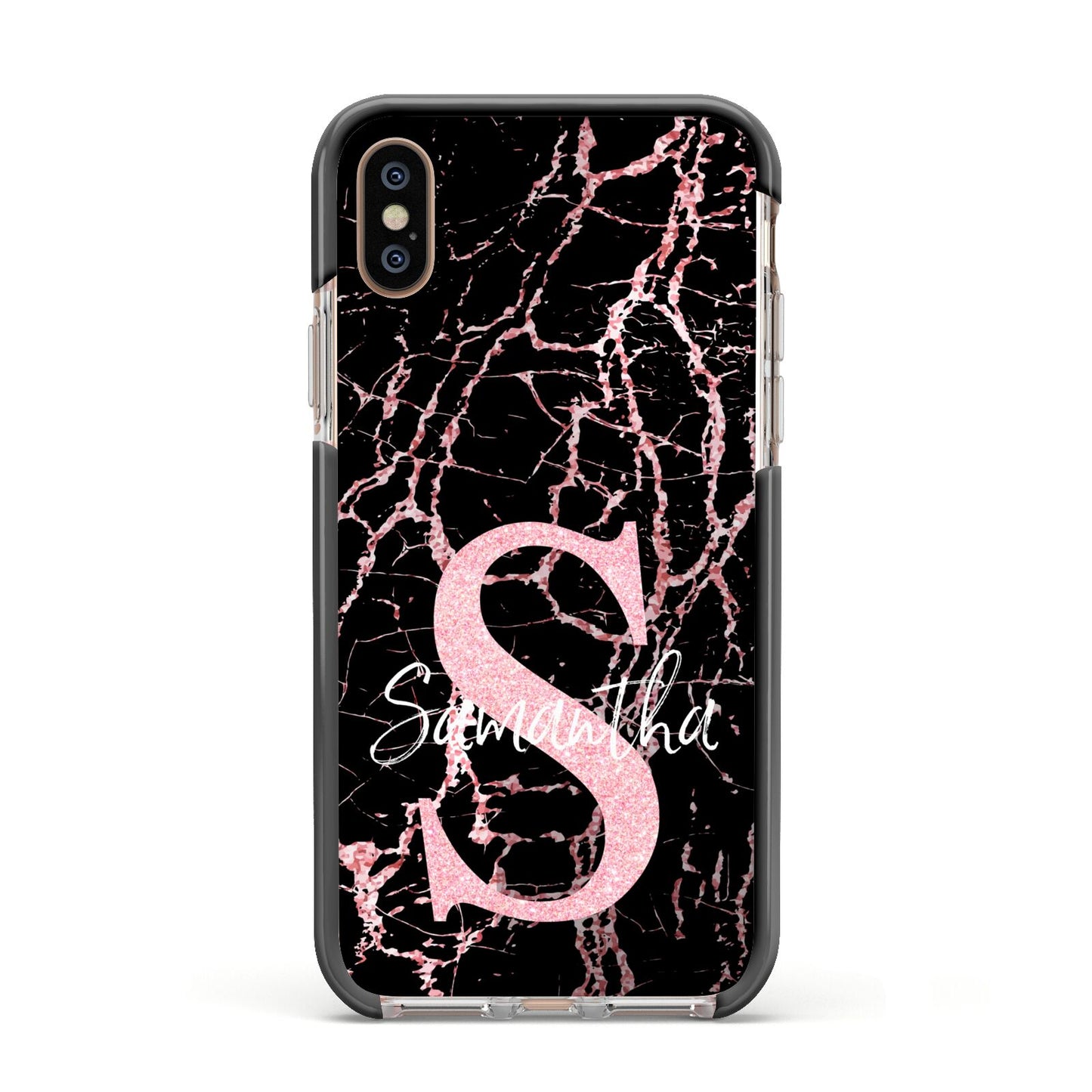 Personalised Pink Cracked Marble Glitter Initial Apple iPhone Xs Impact Case Black Edge on Gold Phone