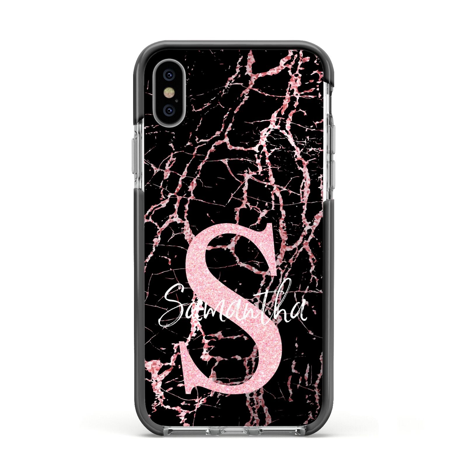 Personalised Pink Cracked Marble Glitter Initial Apple iPhone Xs Impact Case Black Edge on Silver Phone