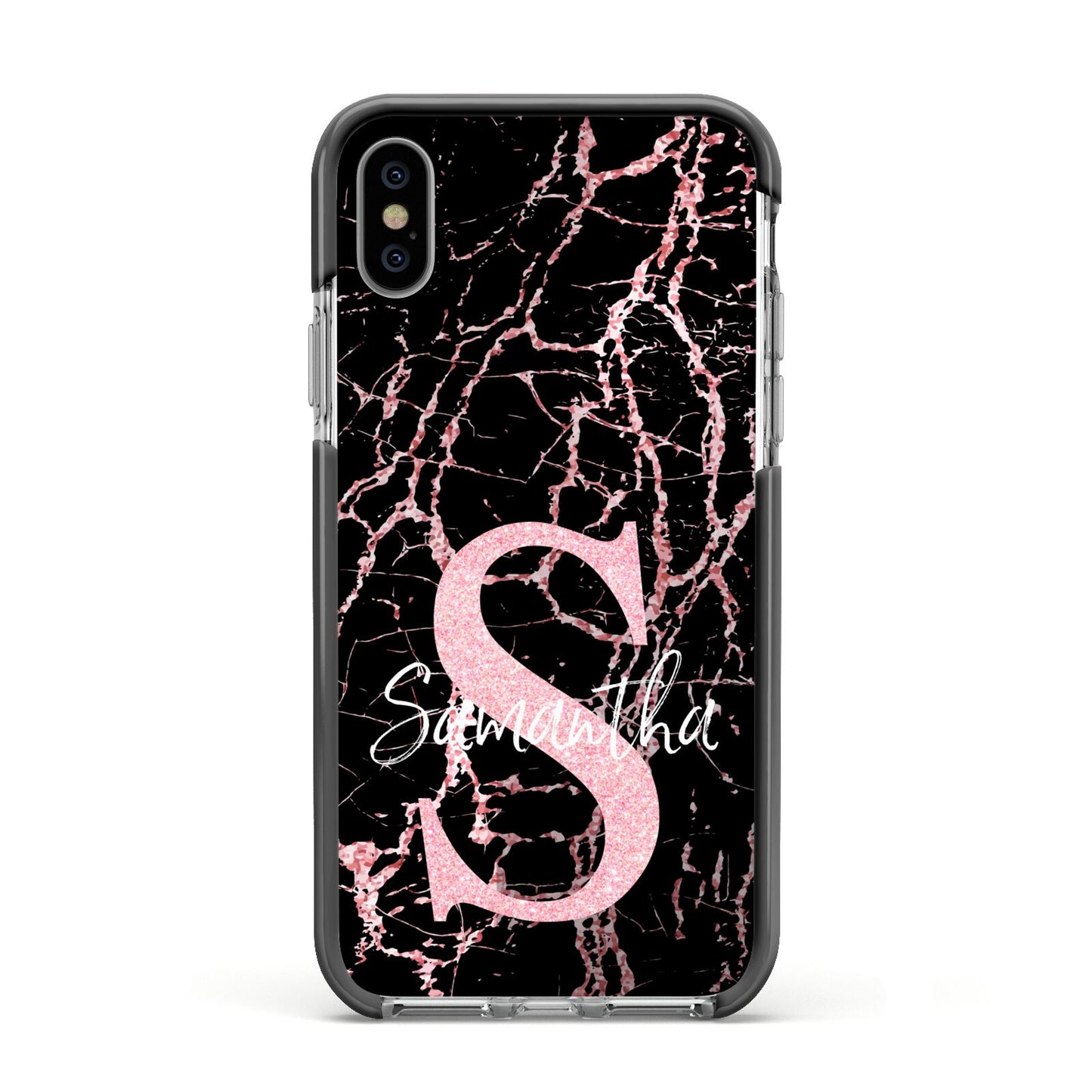 Personalised Pink Cracked Marble Glitter Initial Apple iPhone Xs Impact Case Black Edge on Silver Phone