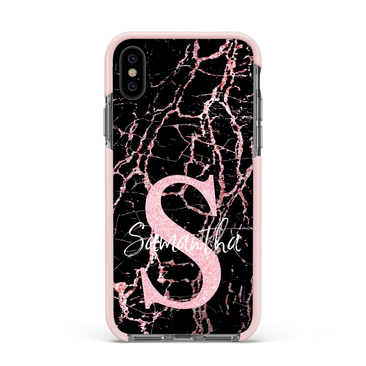 Personalised Pink Cracked Marble Glitter Initial Apple iPhone Xs Impact Case Pink Edge on Black Phone