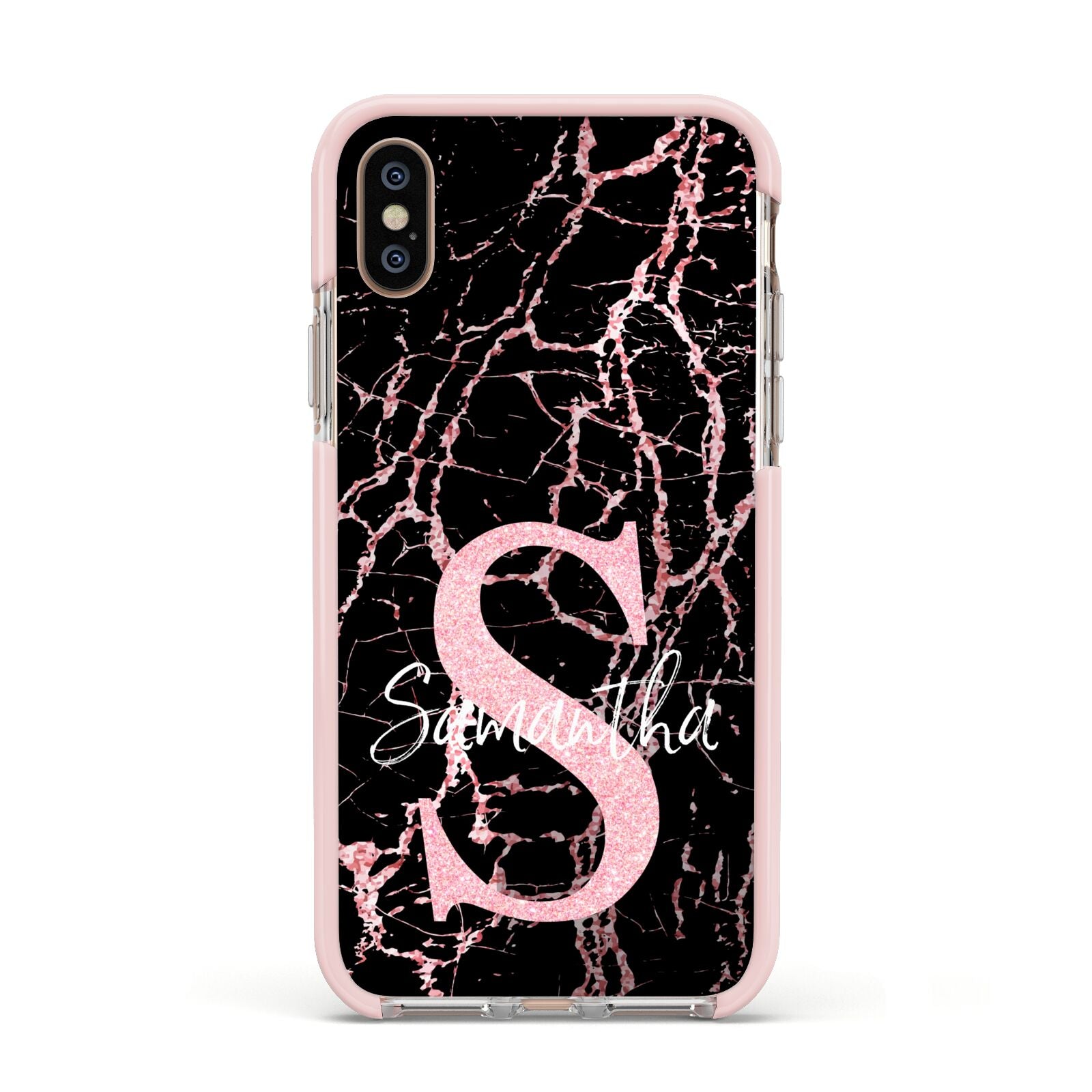Personalised Pink Cracked Marble Glitter Initial Apple iPhone Xs Impact Case Pink Edge on Gold Phone