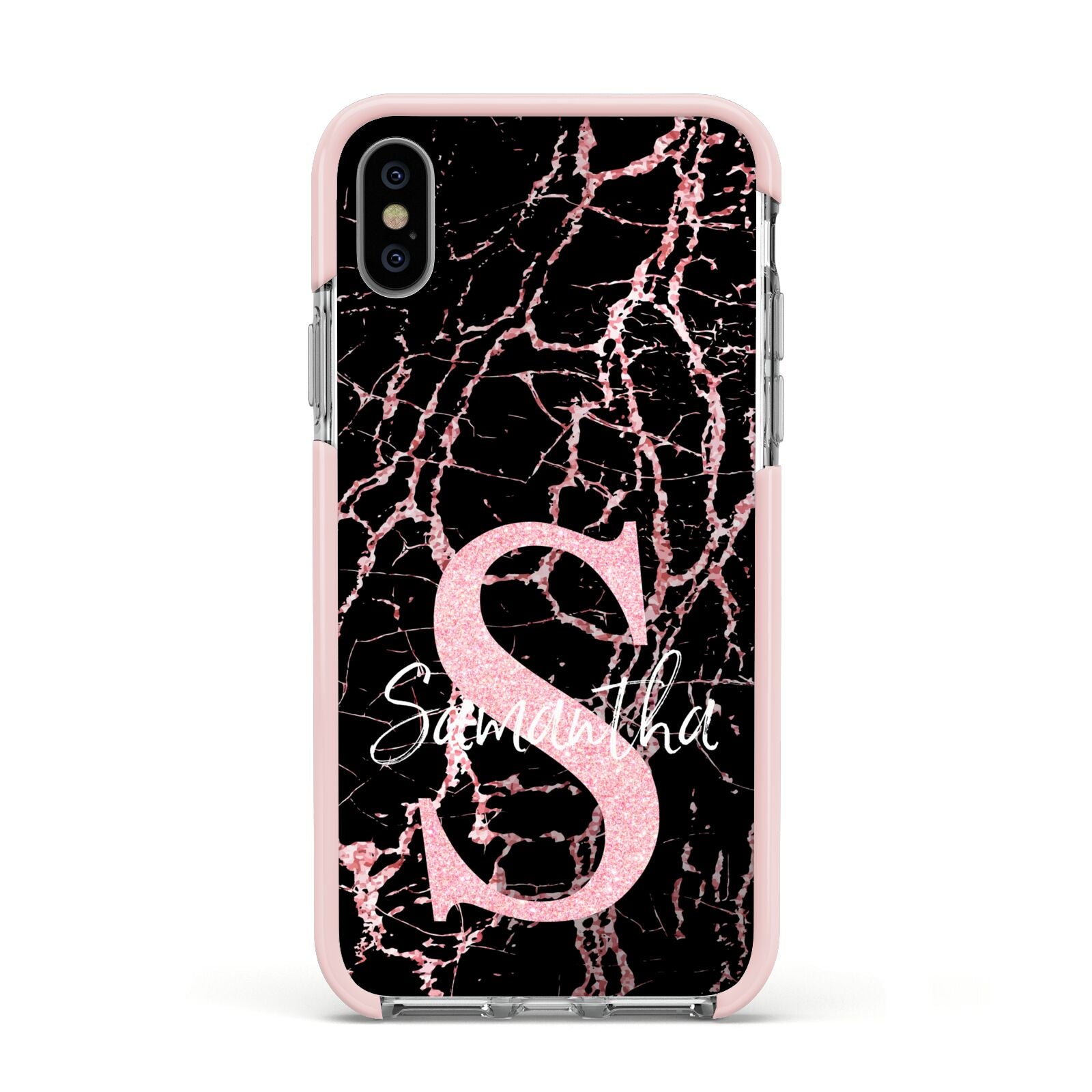 Personalised Pink Cracked Marble Glitter Initial Apple iPhone Xs Impact Case Pink Edge on Silver Phone