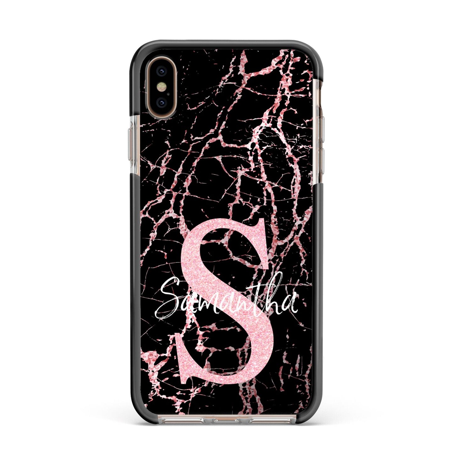 Personalised Pink Cracked Marble Glitter Initial Apple iPhone Xs Max Impact Case Black Edge on Gold Phone
