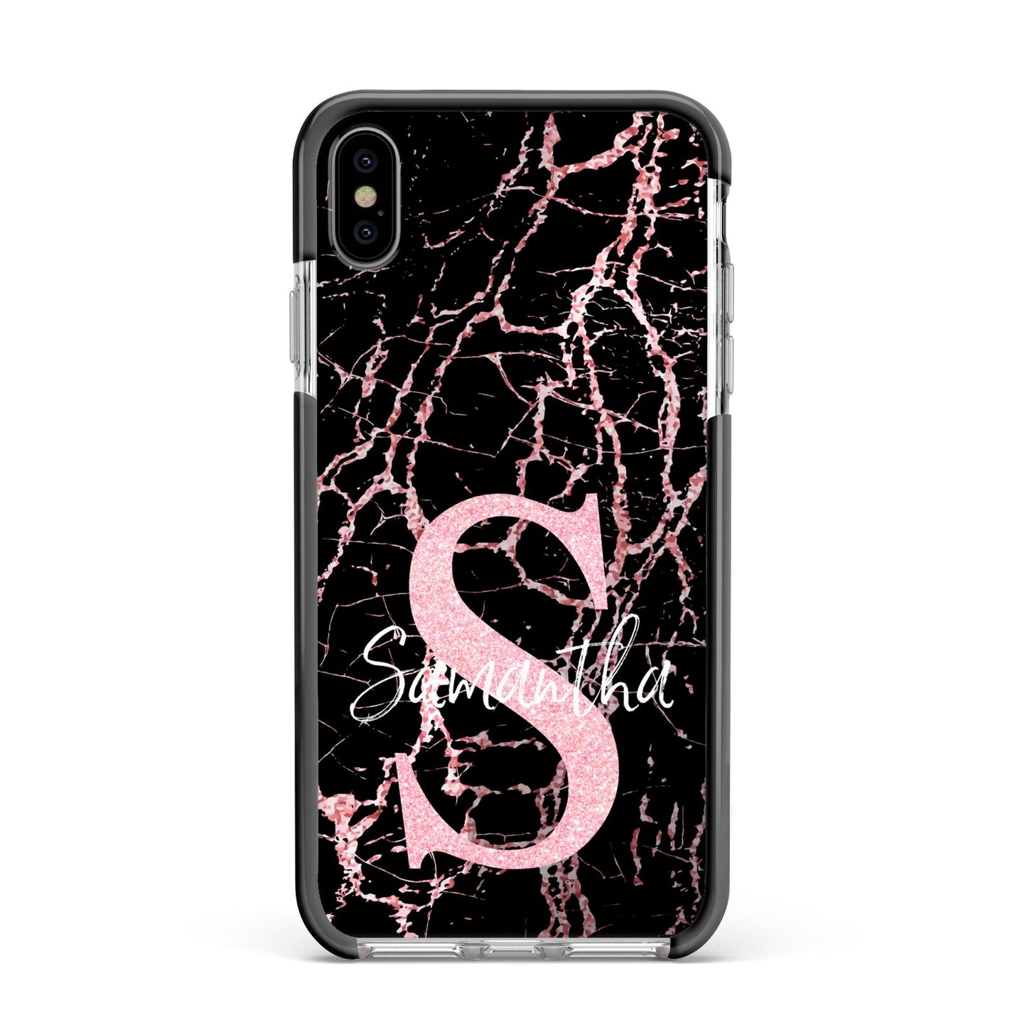 Personalised Pink Cracked Marble Glitter Initial Apple iPhone Xs Max Impact Case Black Edge on Silver Phone