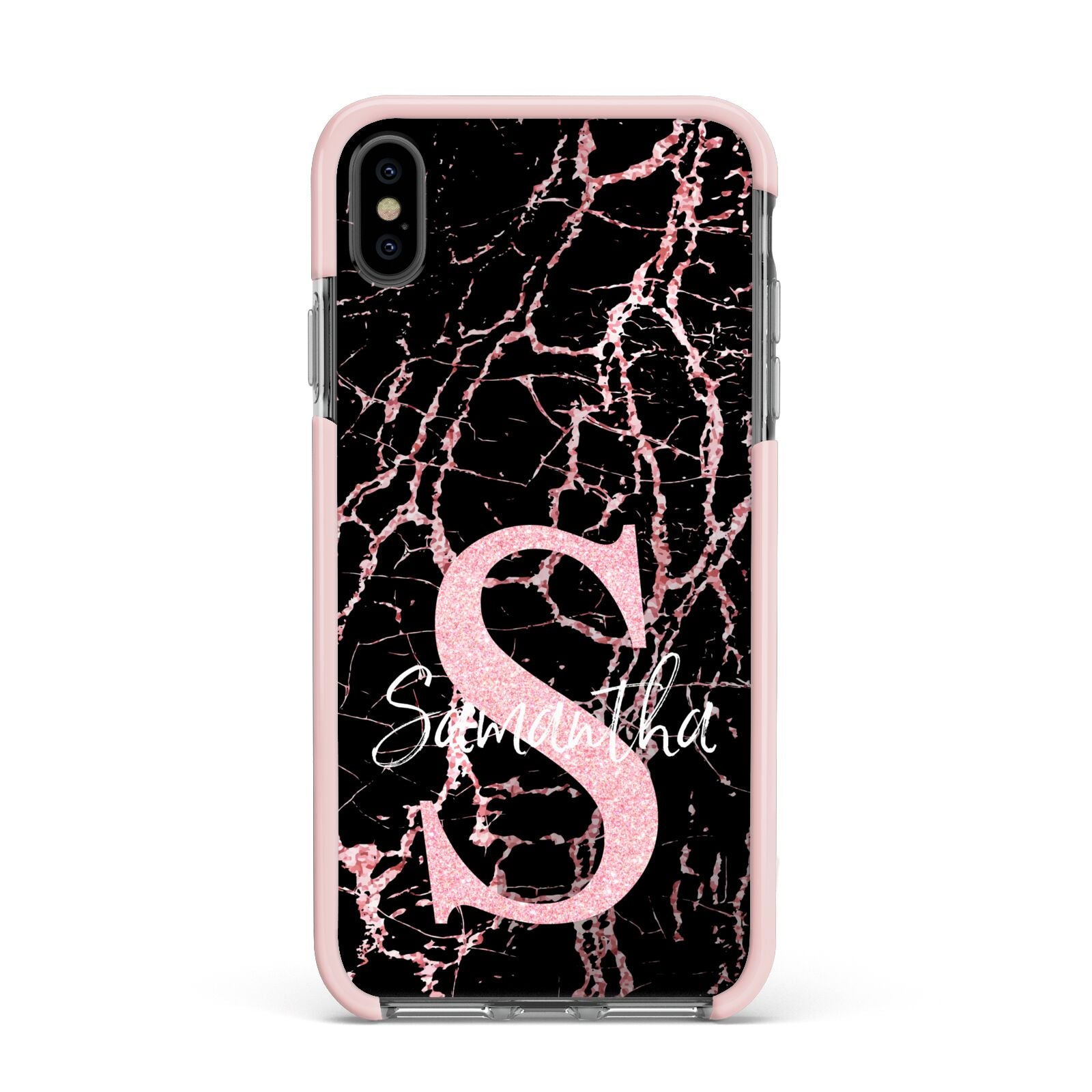 Personalised Pink Cracked Marble Glitter Initial Apple iPhone Xs Max Impact Case Pink Edge on Black Phone