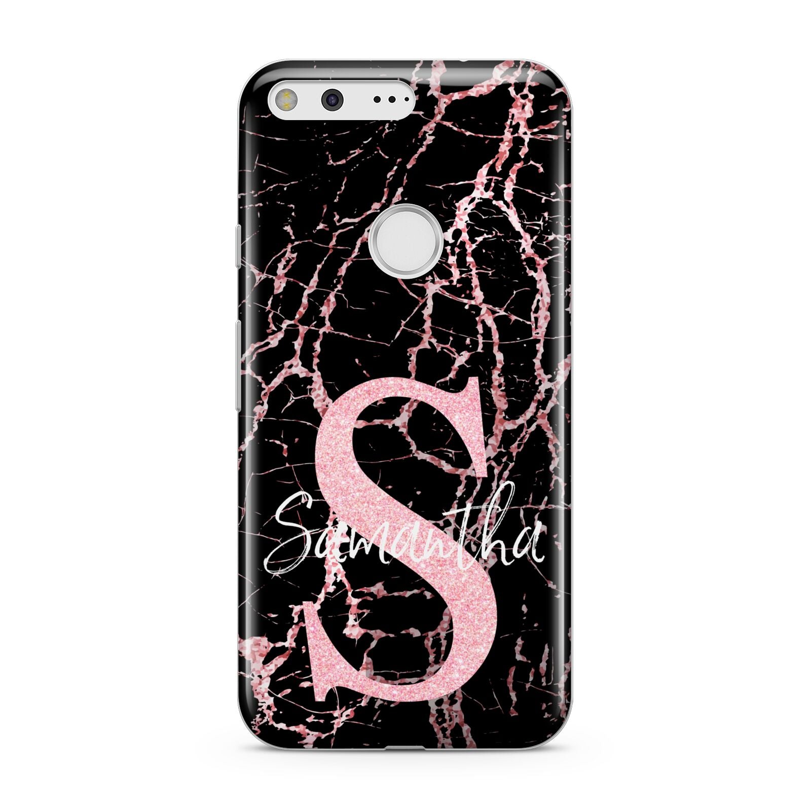 Personalised Pink Cracked Marble Glitter Initial Google Pixel Case