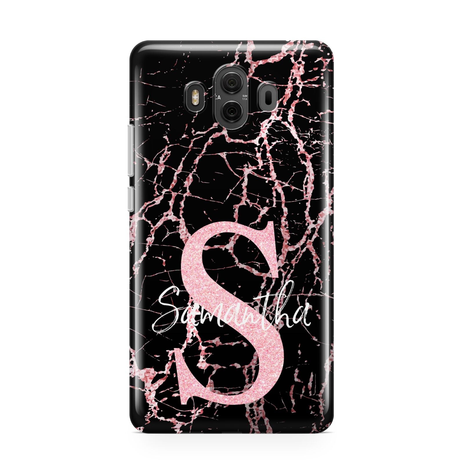 Personalised Pink Cracked Marble Glitter Initial Huawei Mate 10 Protective Phone Case