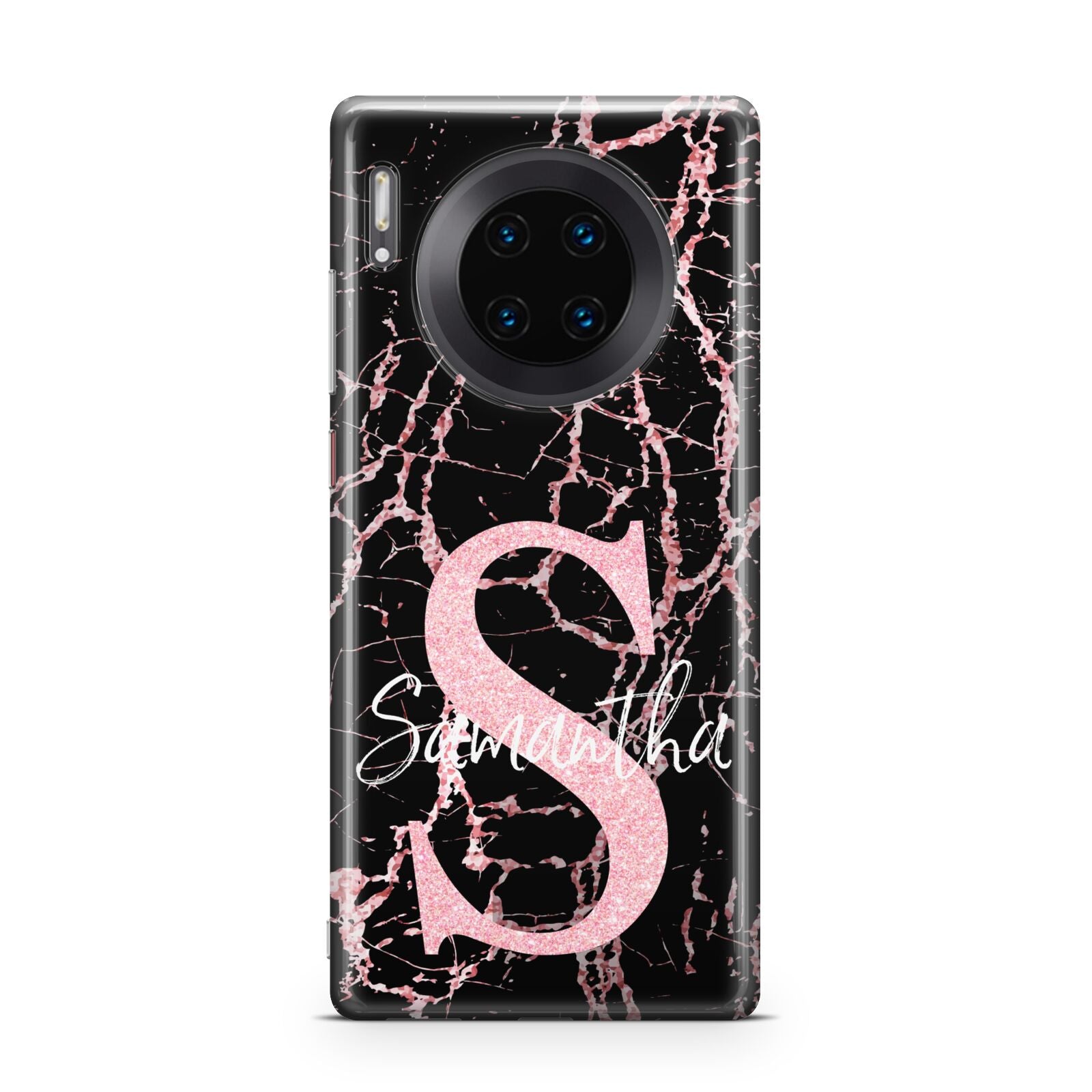 Personalised Pink Cracked Marble Glitter Initial Huawei Mate 30 Pro Phone Case