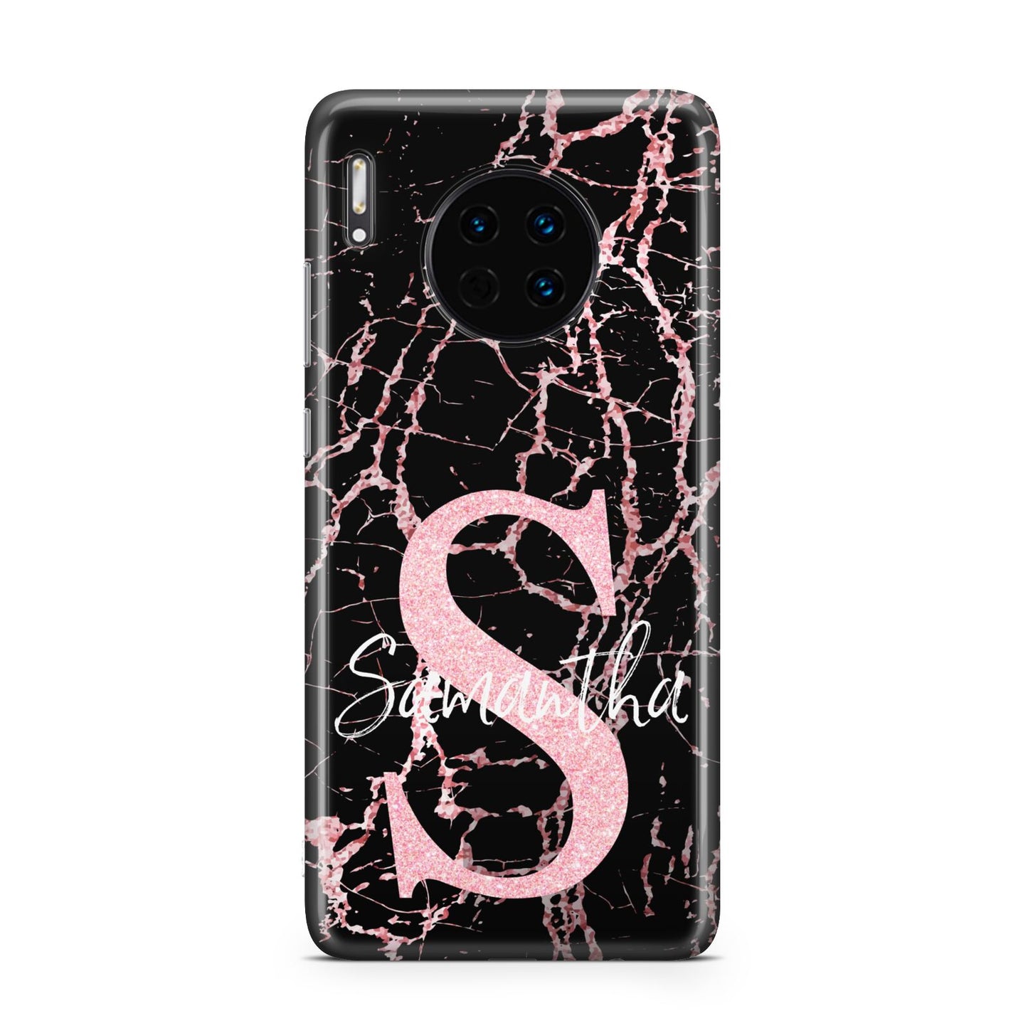Personalised Pink Cracked Marble Glitter Initial Huawei Mate 30