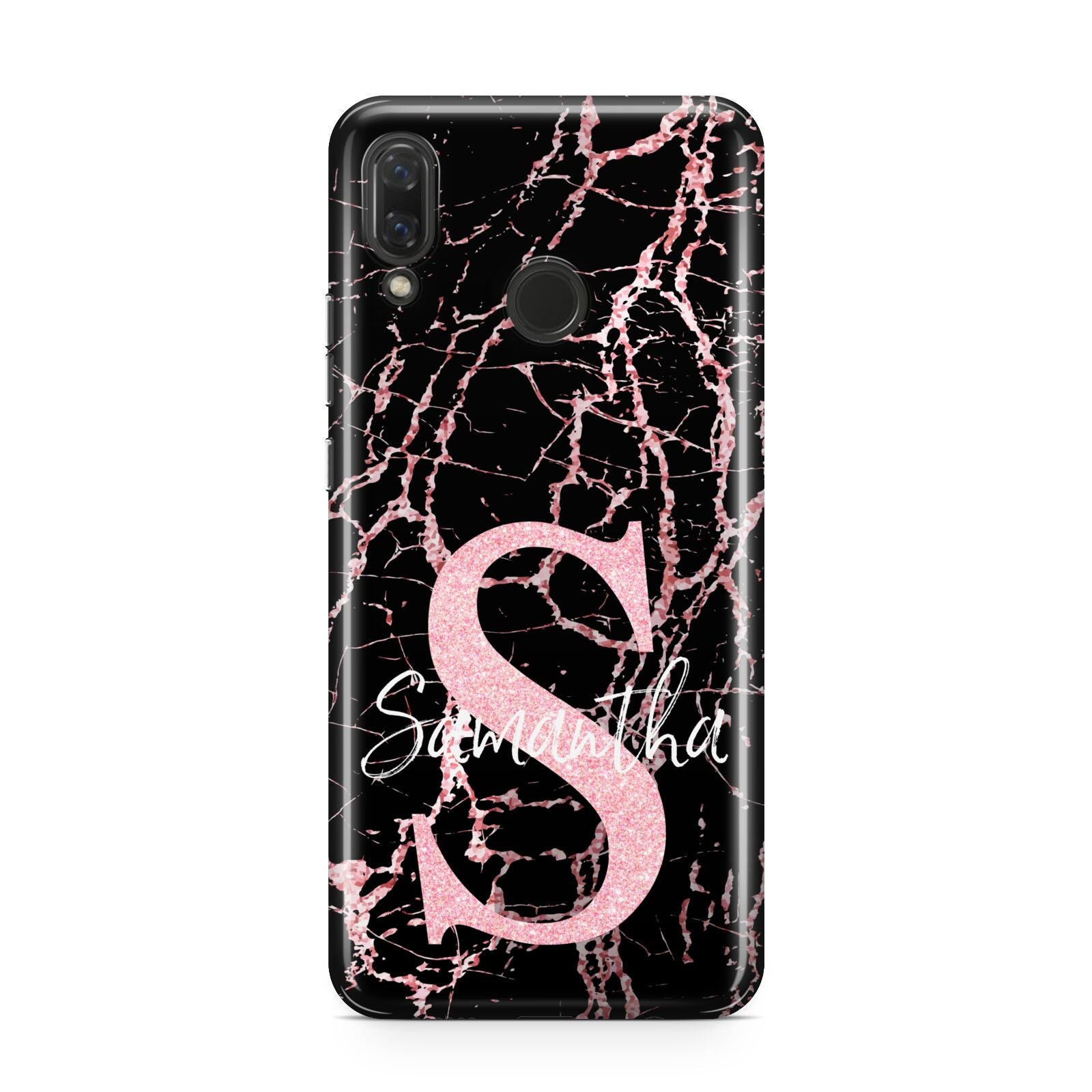 Personalised Pink Cracked Marble Glitter Initial Huawei Nova 3 Phone Case