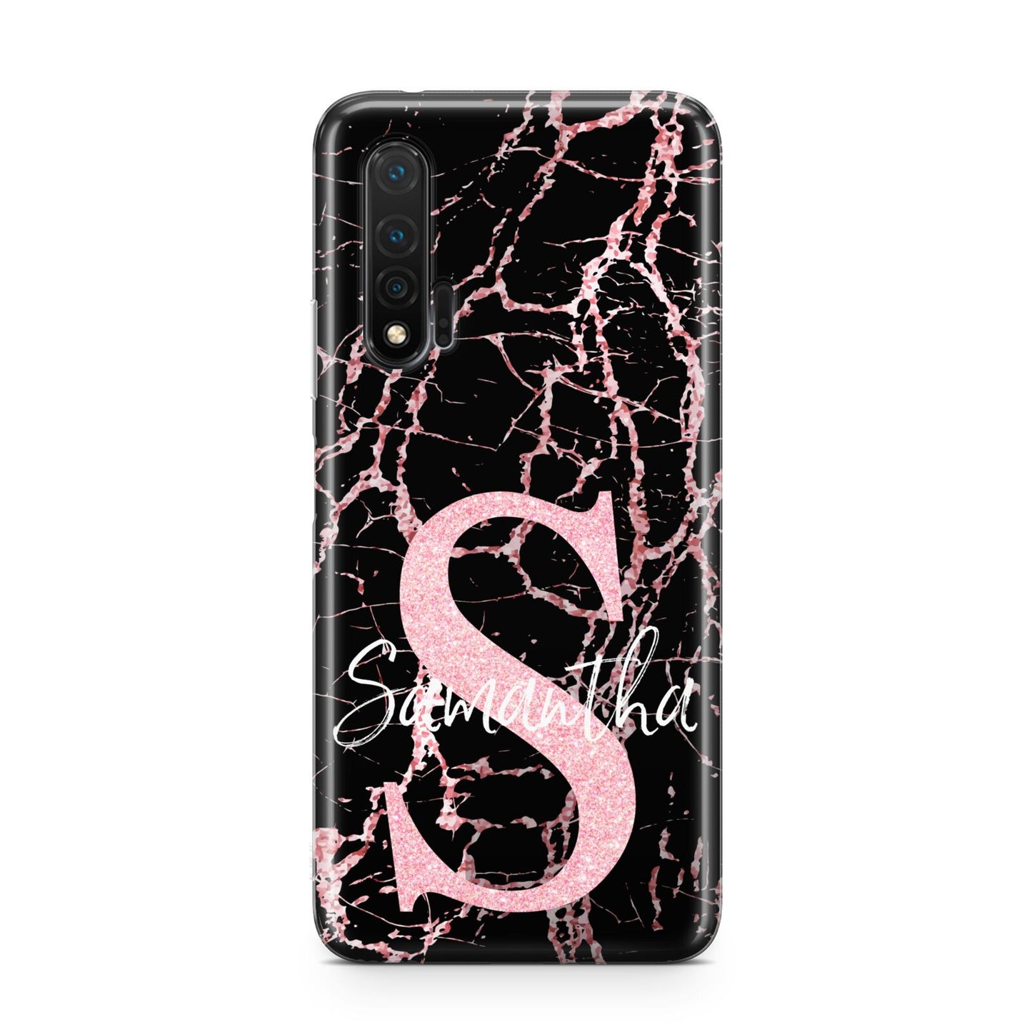 Personalised Pink Cracked Marble Glitter Initial Huawei Nova 6 Phone Case