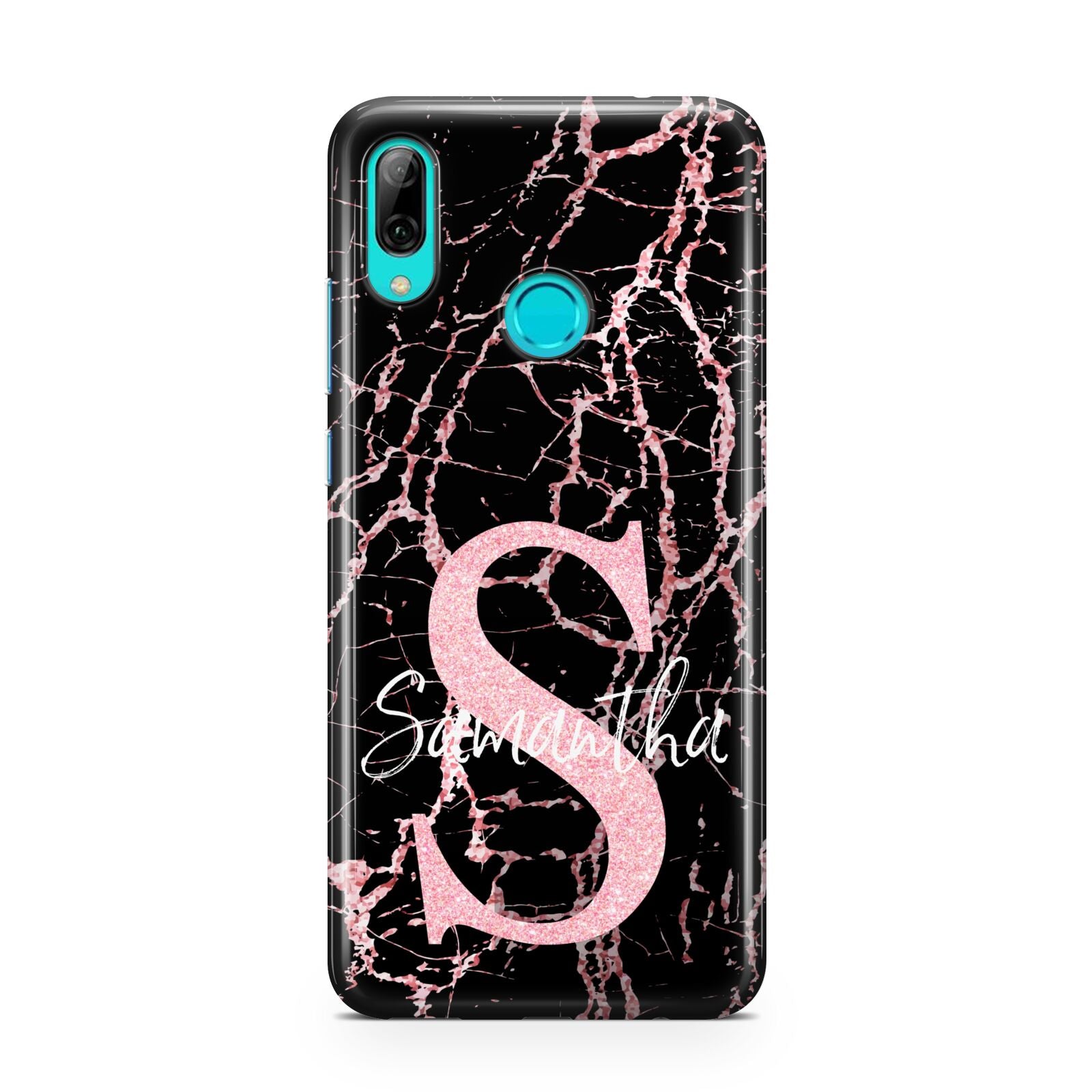 Personalised Pink Cracked Marble Glitter Initial Huawei P Smart 2019 Case