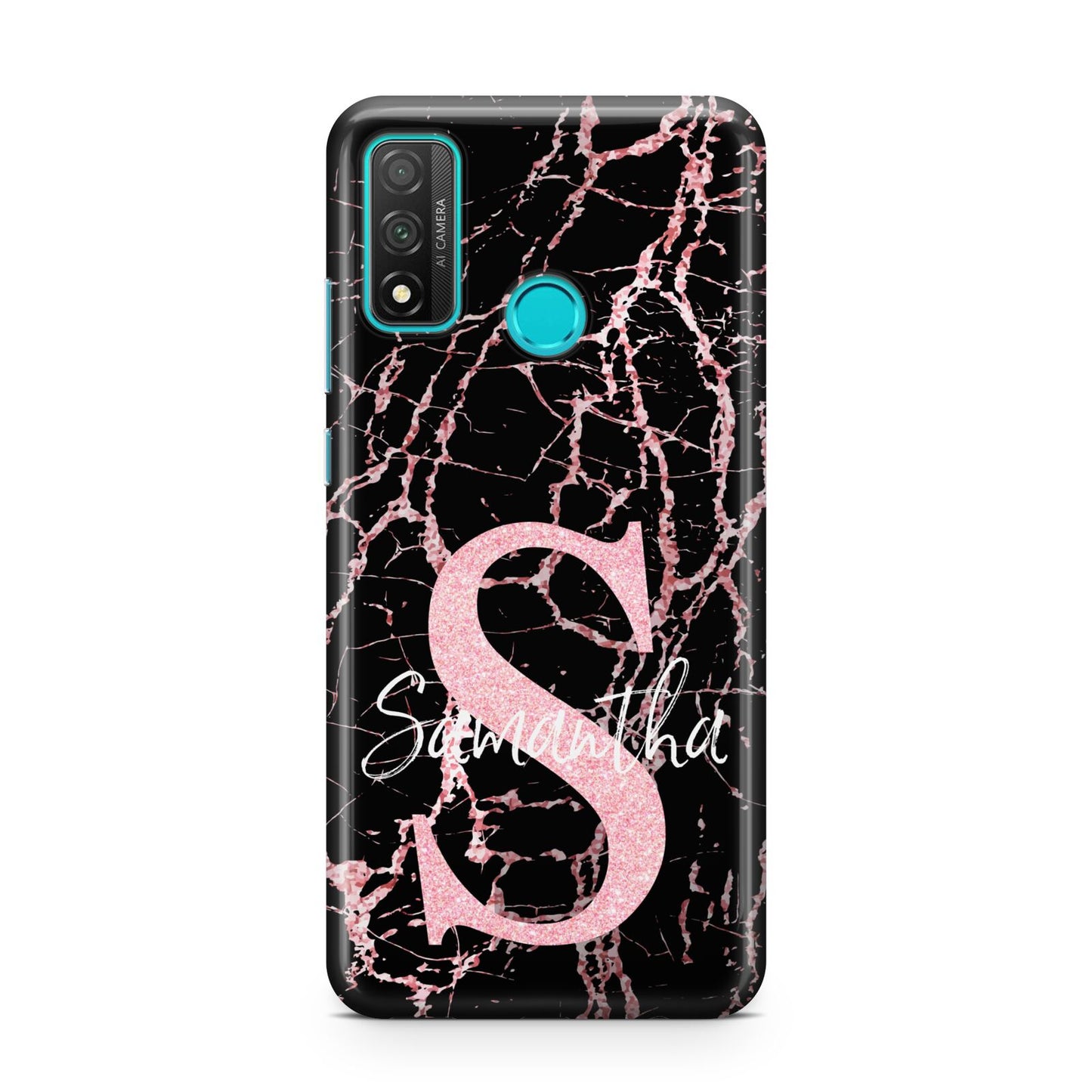 Personalised Pink Cracked Marble Glitter Initial Huawei P Smart 2020