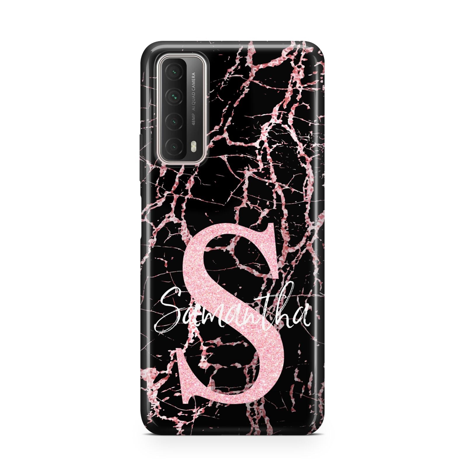 Personalised Pink Cracked Marble Glitter Initial Huawei P Smart 2021