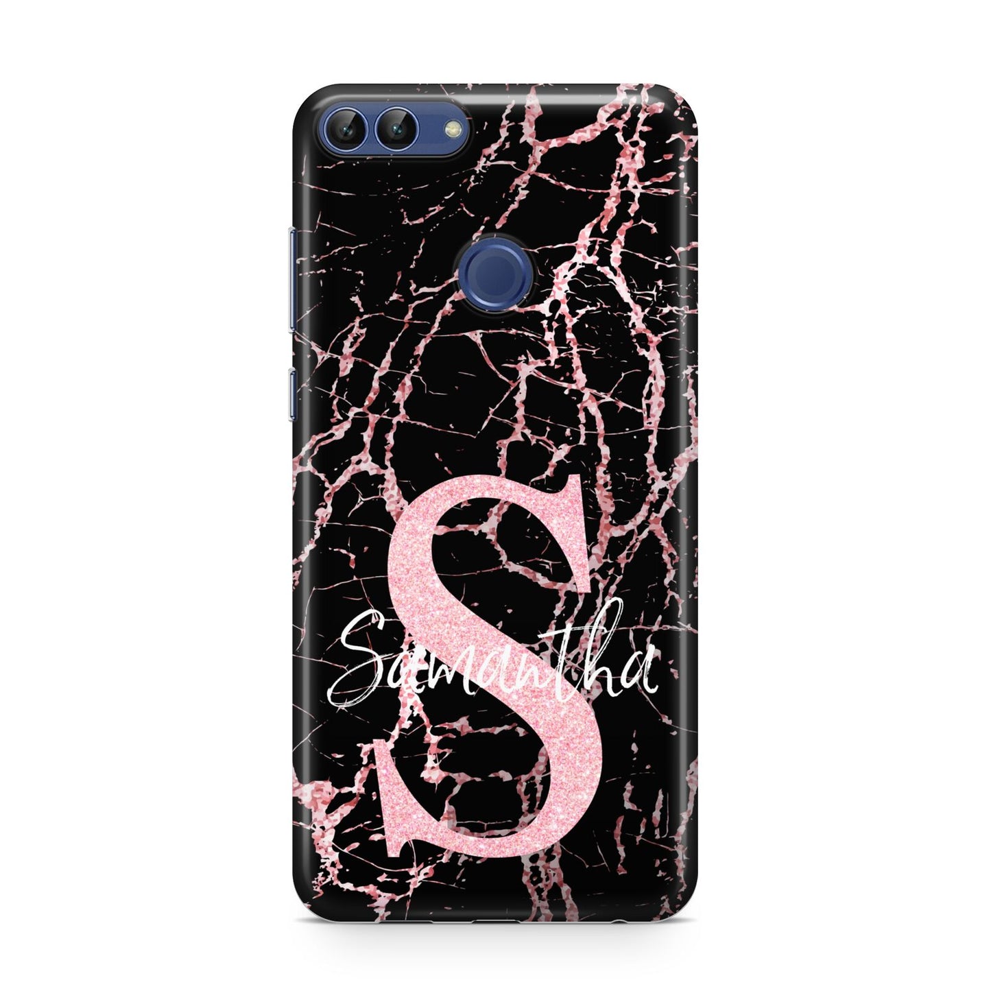 Personalised Pink Cracked Marble Glitter Initial Huawei P Smart Case