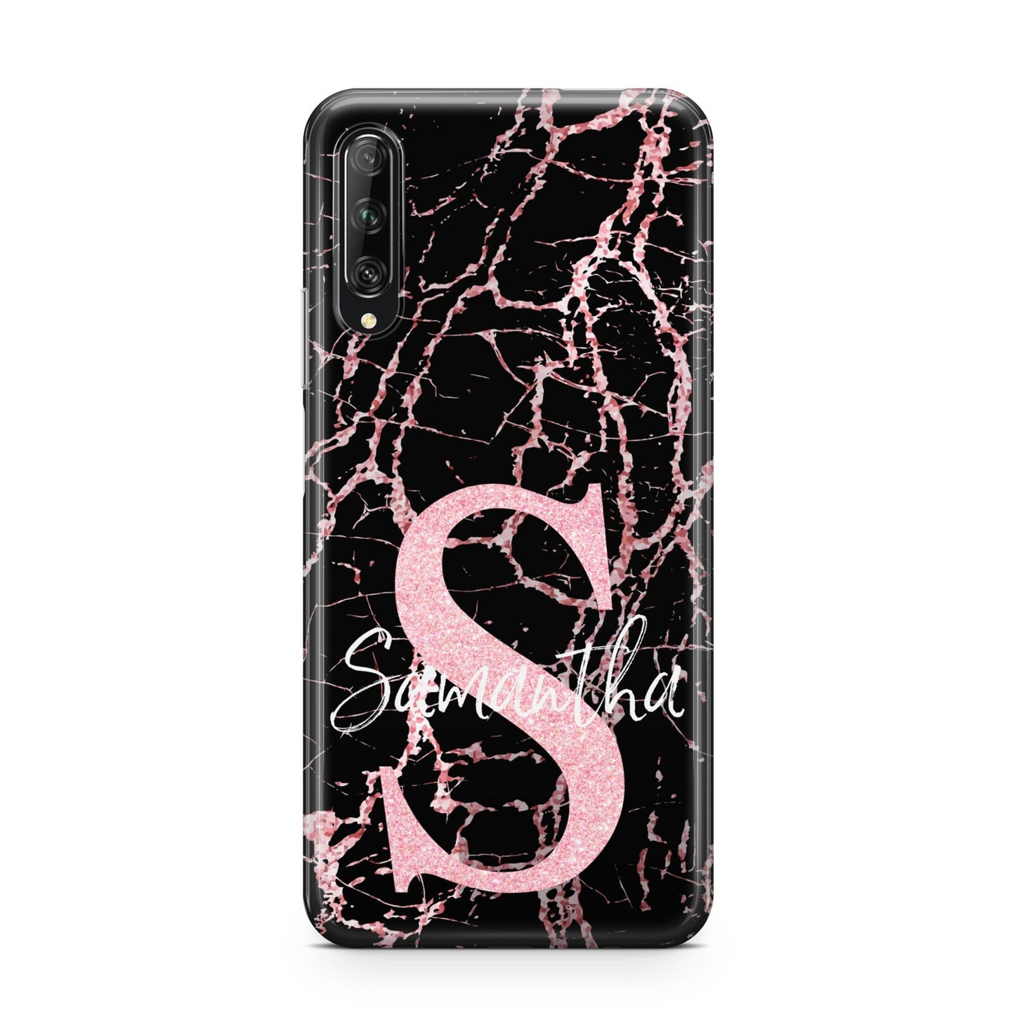 Personalised Pink Cracked Marble Glitter Initial Huawei P Smart Pro 2019