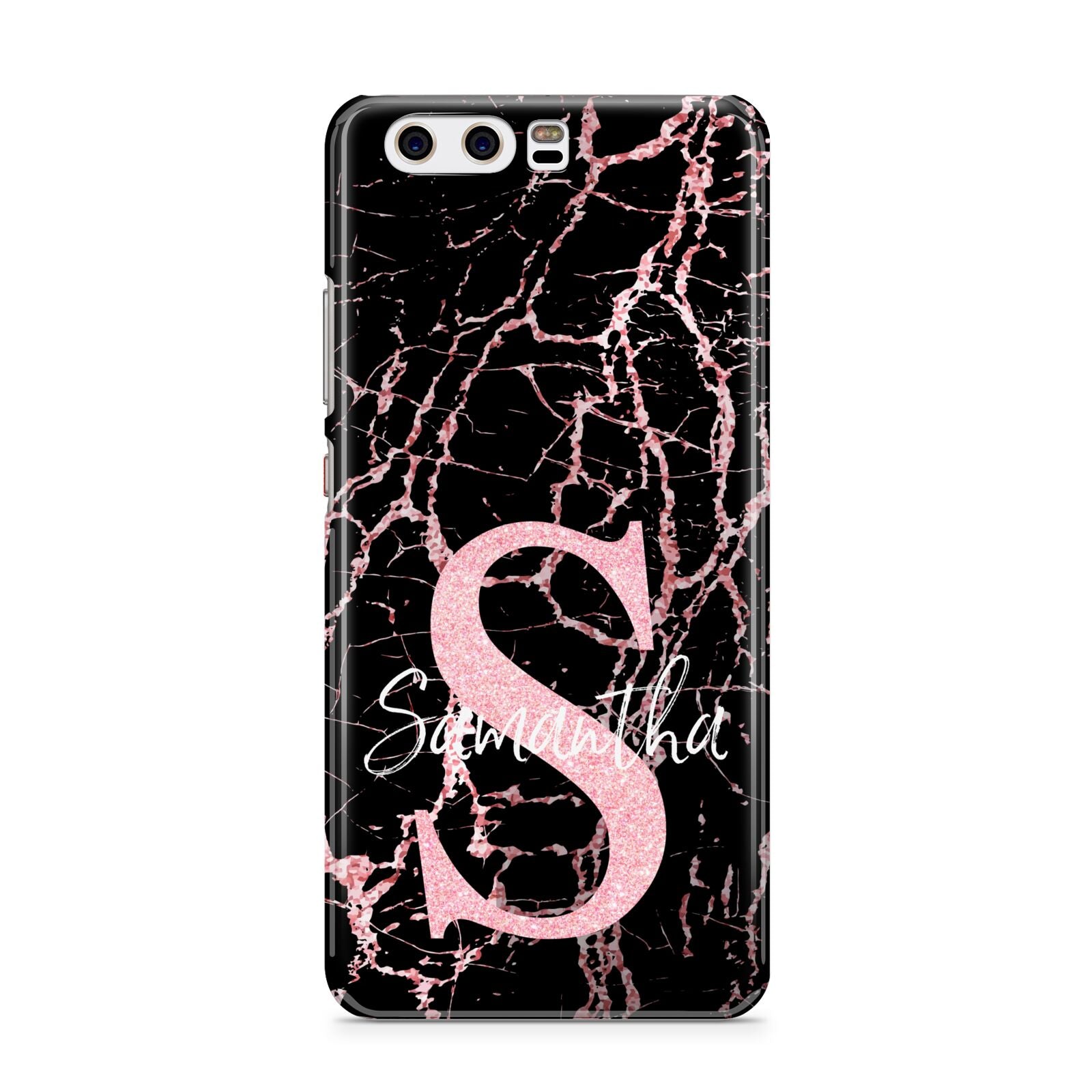 Personalised Pink Cracked Marble Glitter Initial Huawei P10 Phone Case