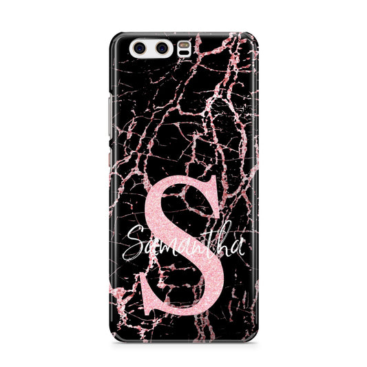 Personalised Pink Cracked Marble Glitter Initial Huawei P10 Phone Case