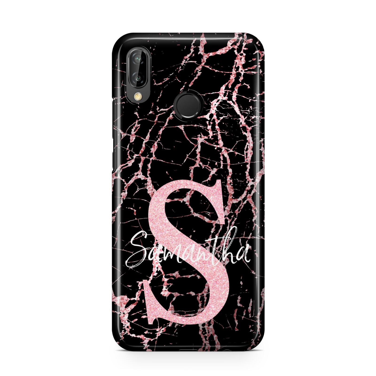 Personalised Pink Cracked Marble Glitter Initial Huawei P20 Lite Phone Case
