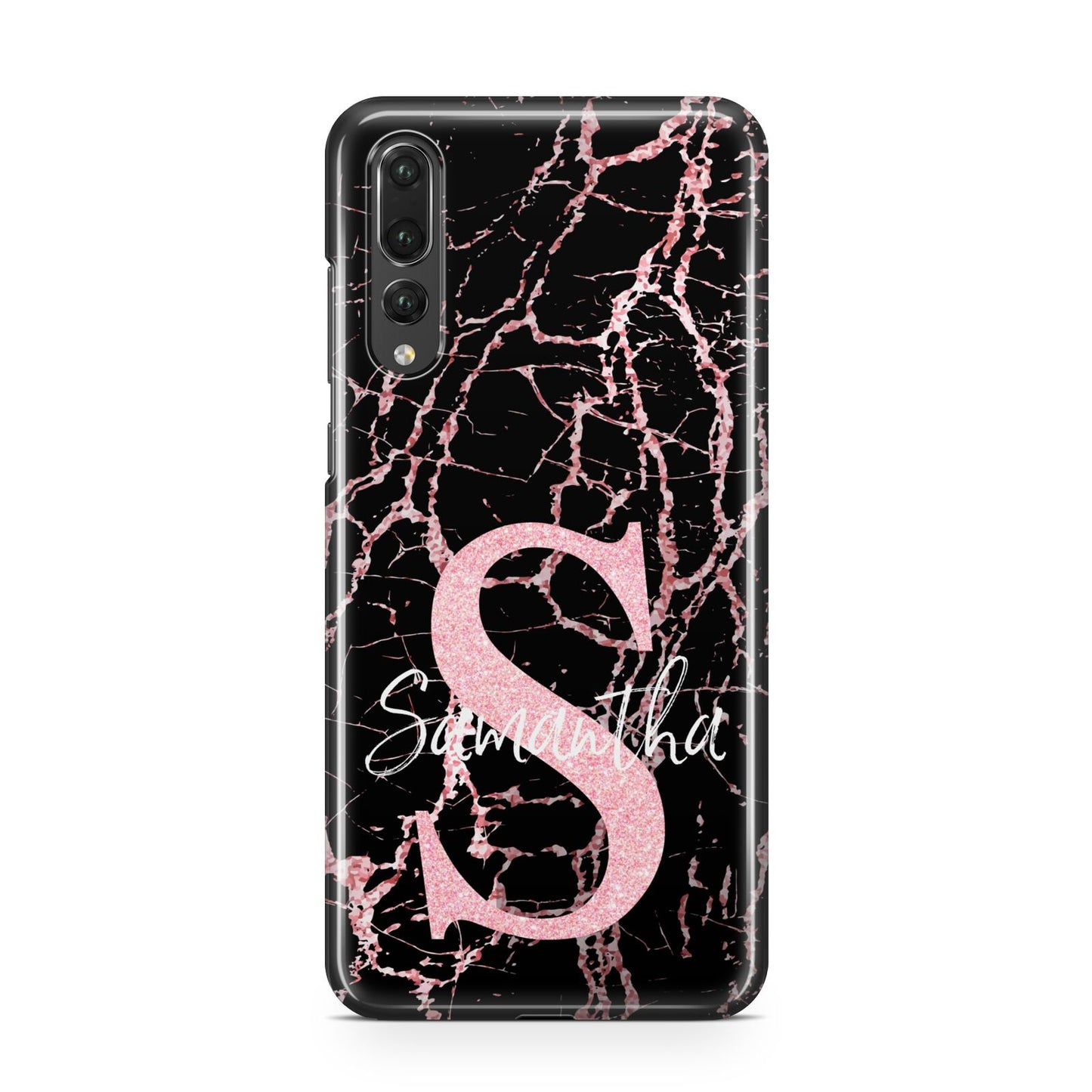 Personalised Pink Cracked Marble Glitter Initial Huawei P20 Pro Phone Case