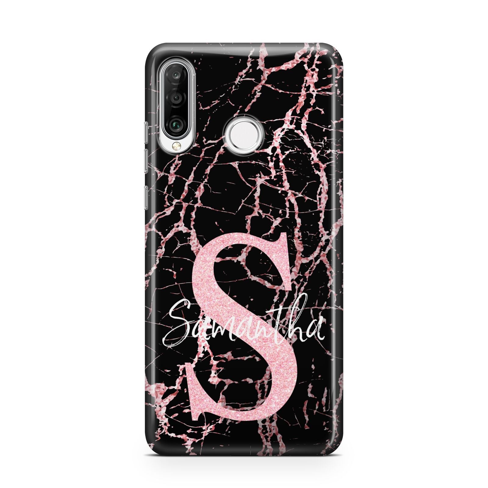 Personalised Pink Cracked Marble Glitter Initial Huawei P30 Lite Phone Case