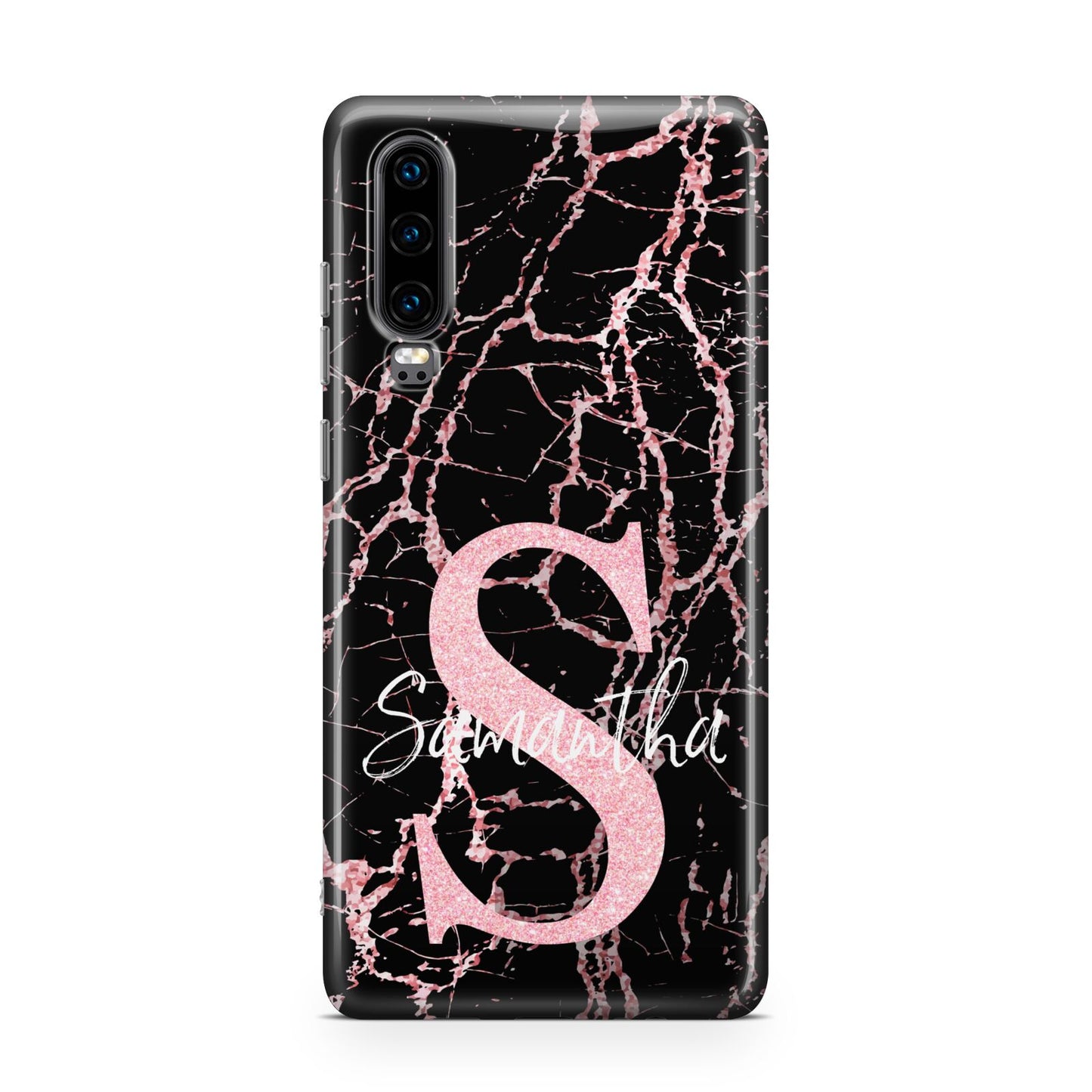 Personalised Pink Cracked Marble Glitter Initial Huawei P30 Phone Case