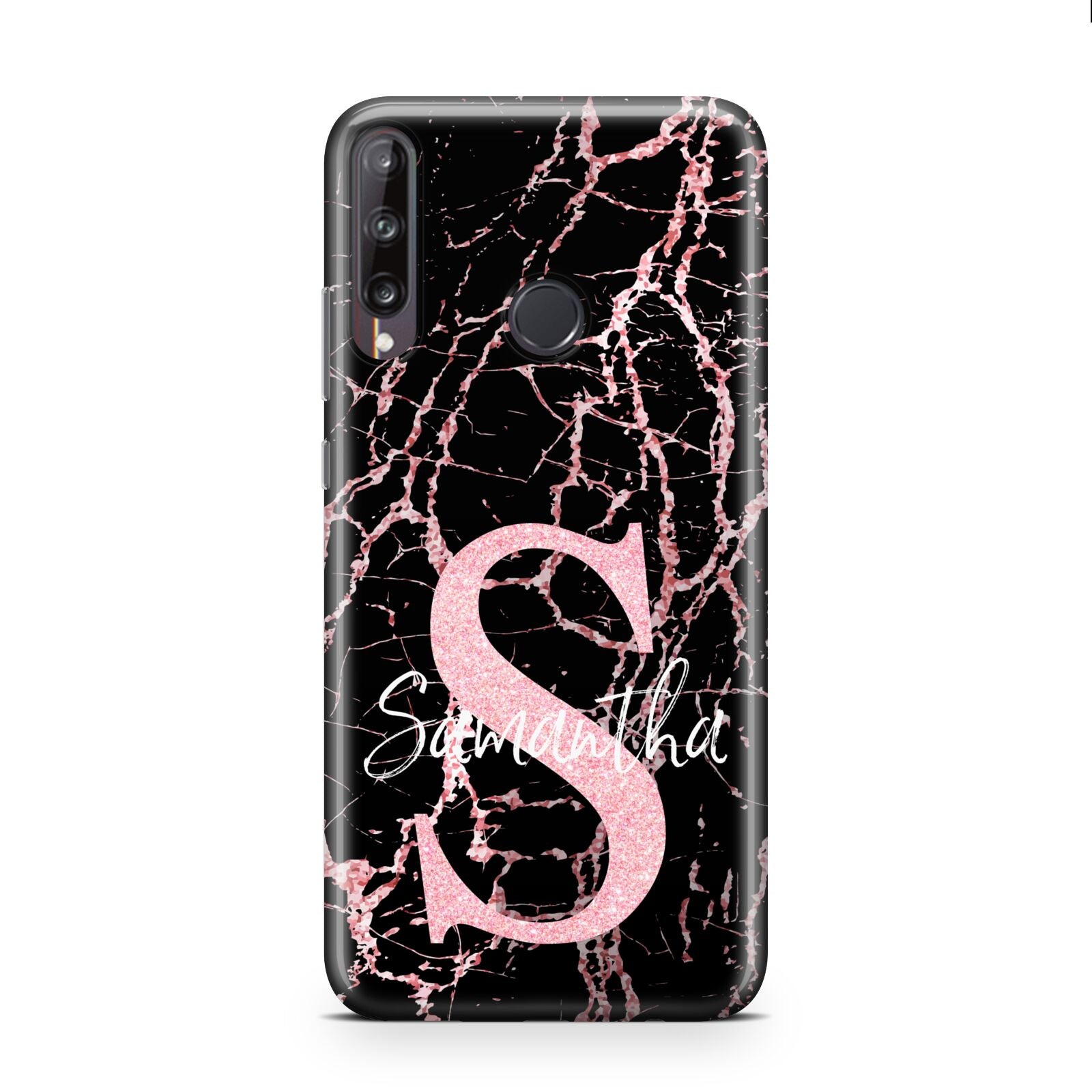 Personalised Pink Cracked Marble Glitter Initial Huawei P40 Lite E Phone Case