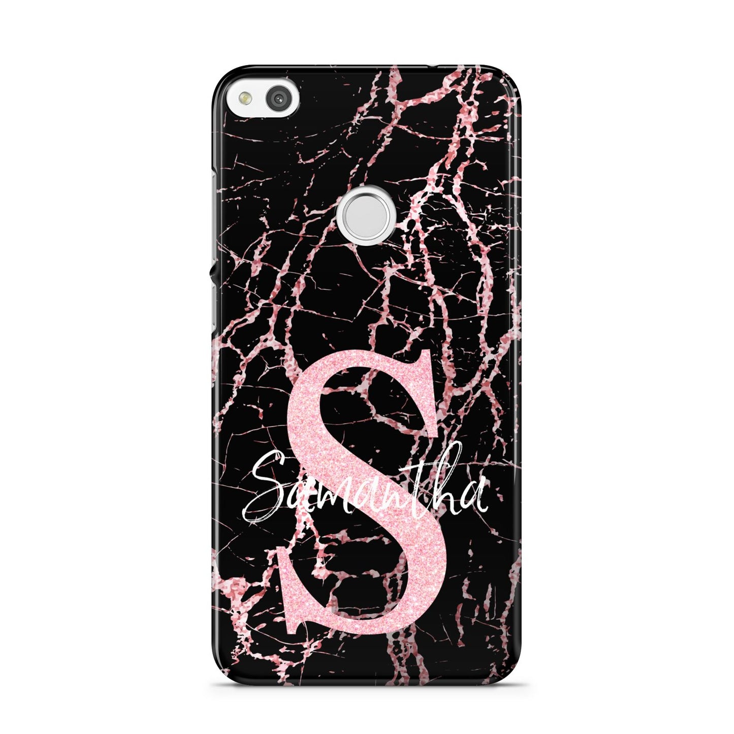 Personalised Pink Cracked Marble Glitter Initial Huawei P8 Lite Case