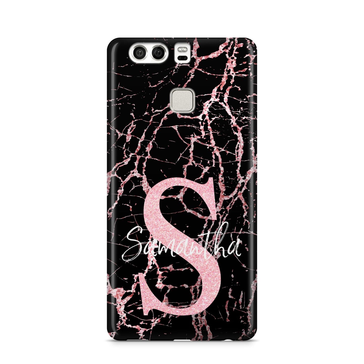Personalised Pink Cracked Marble Glitter Initial Huawei P9 Case