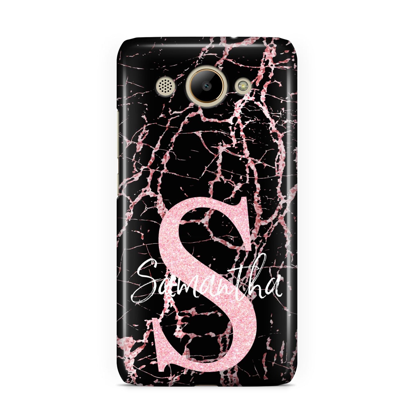 Personalised Pink Cracked Marble Glitter Initial Huawei Y3 2017