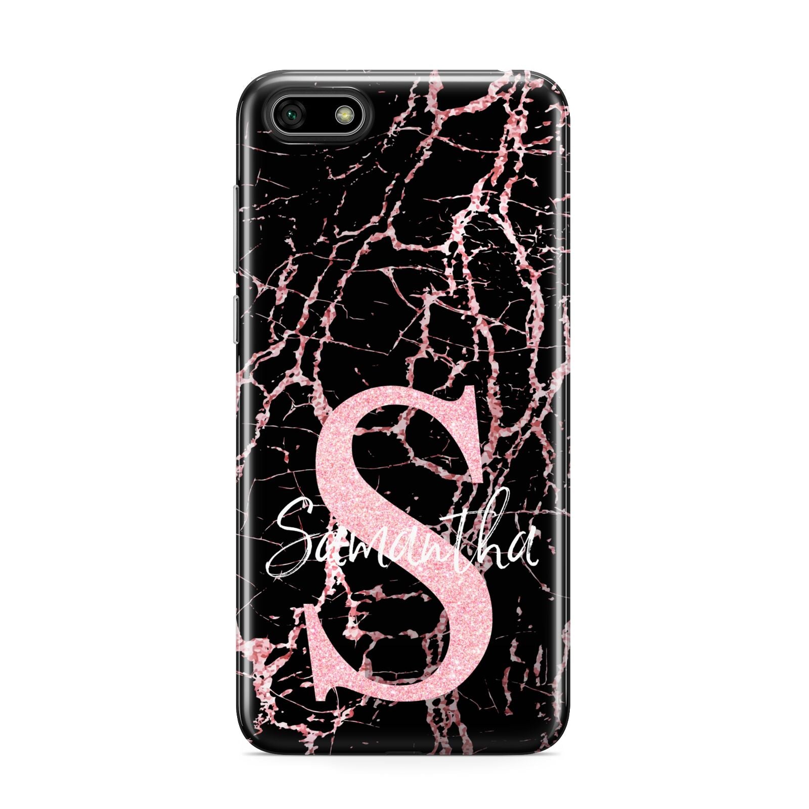 Personalised Pink Cracked Marble Glitter Initial Huawei Y5 Prime 2018 Phone Case