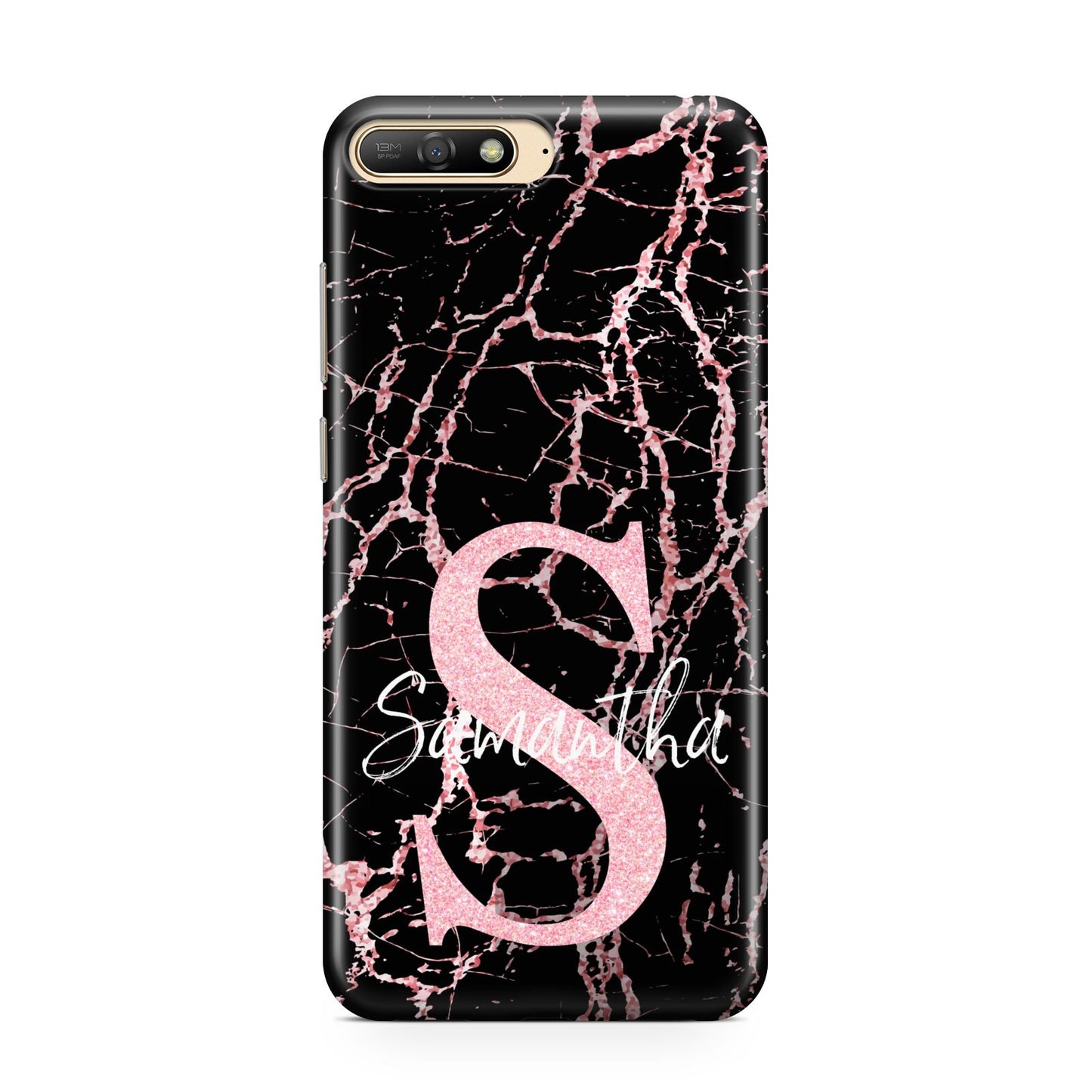 Personalised Pink Cracked Marble Glitter Initial Huawei Y6 2018