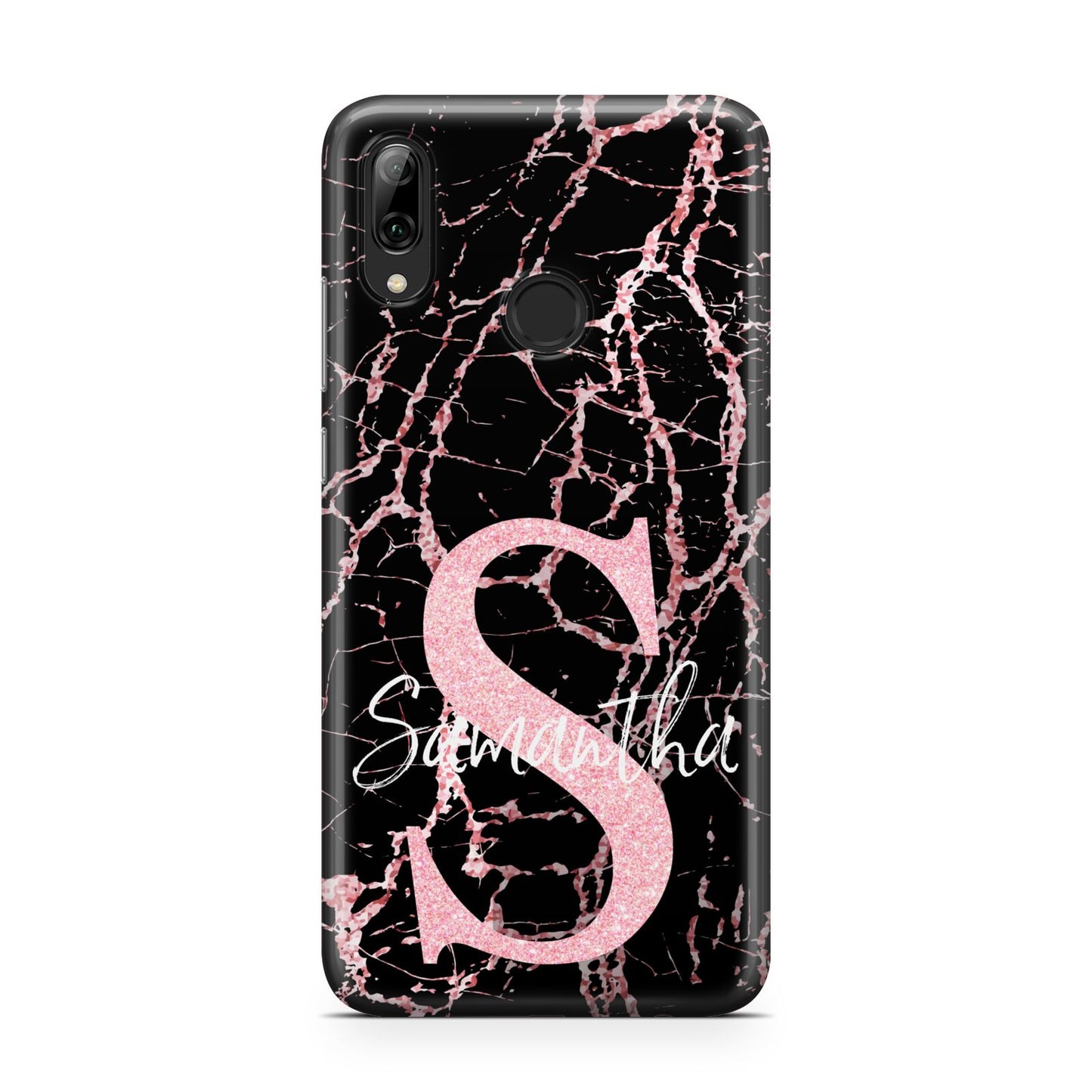 Personalised Pink Cracked Marble Glitter Initial Huawei Y7 2019