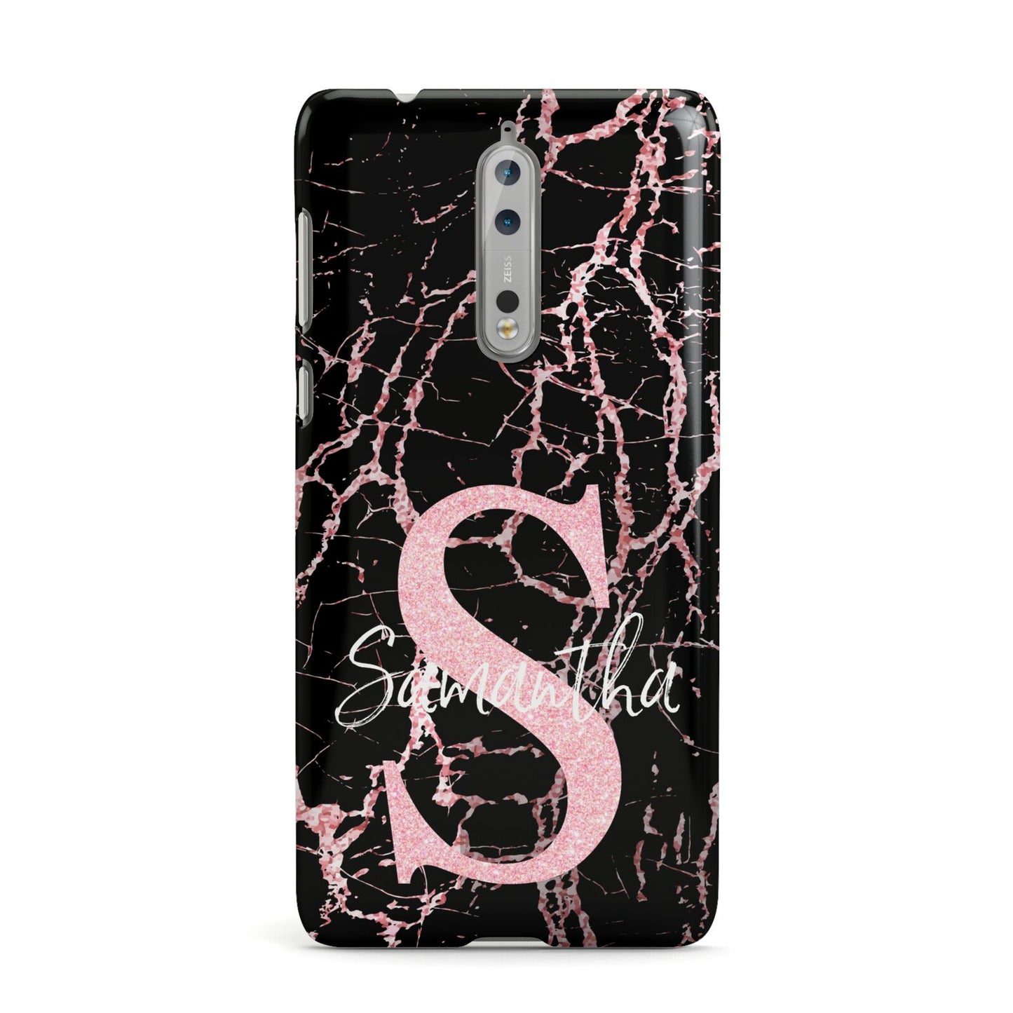 Personalised Pink Cracked Marble Glitter Initial Nokia Case